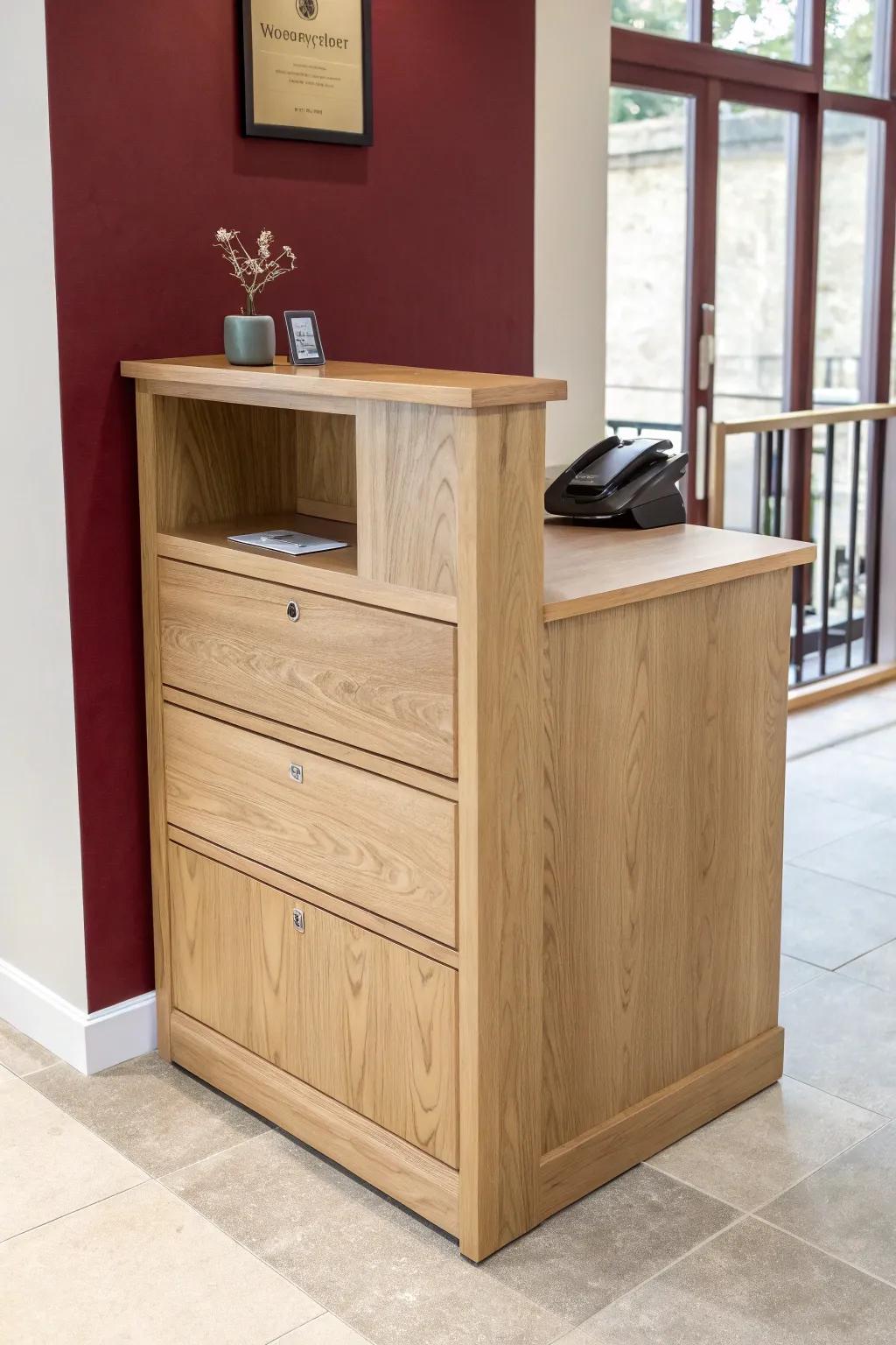 Slim drawer pedestal keeps a small reception desk tidy while the top stays perfectly photo-ready.