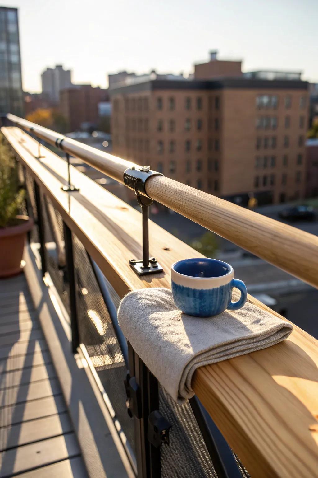 A sleek railing bar ledge turns a tiny rooftop into the best seat for coffee or cocktails.