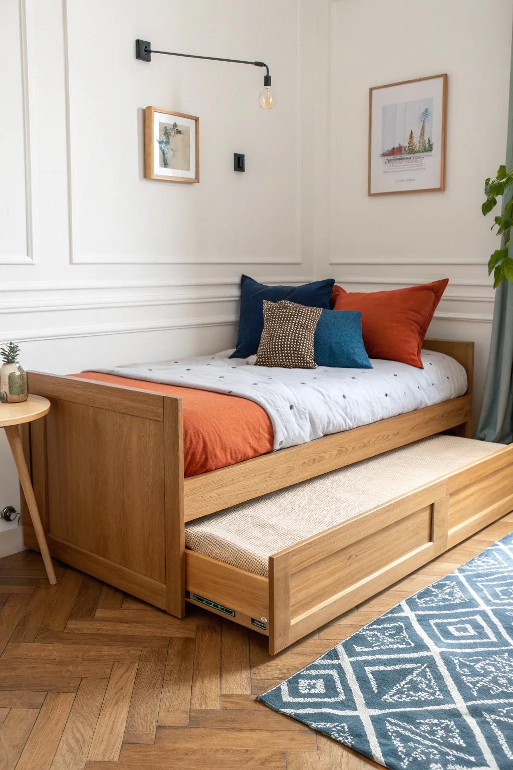 A sleek corner daybed with hidden trundle—extra sleep space without stealing the floor.