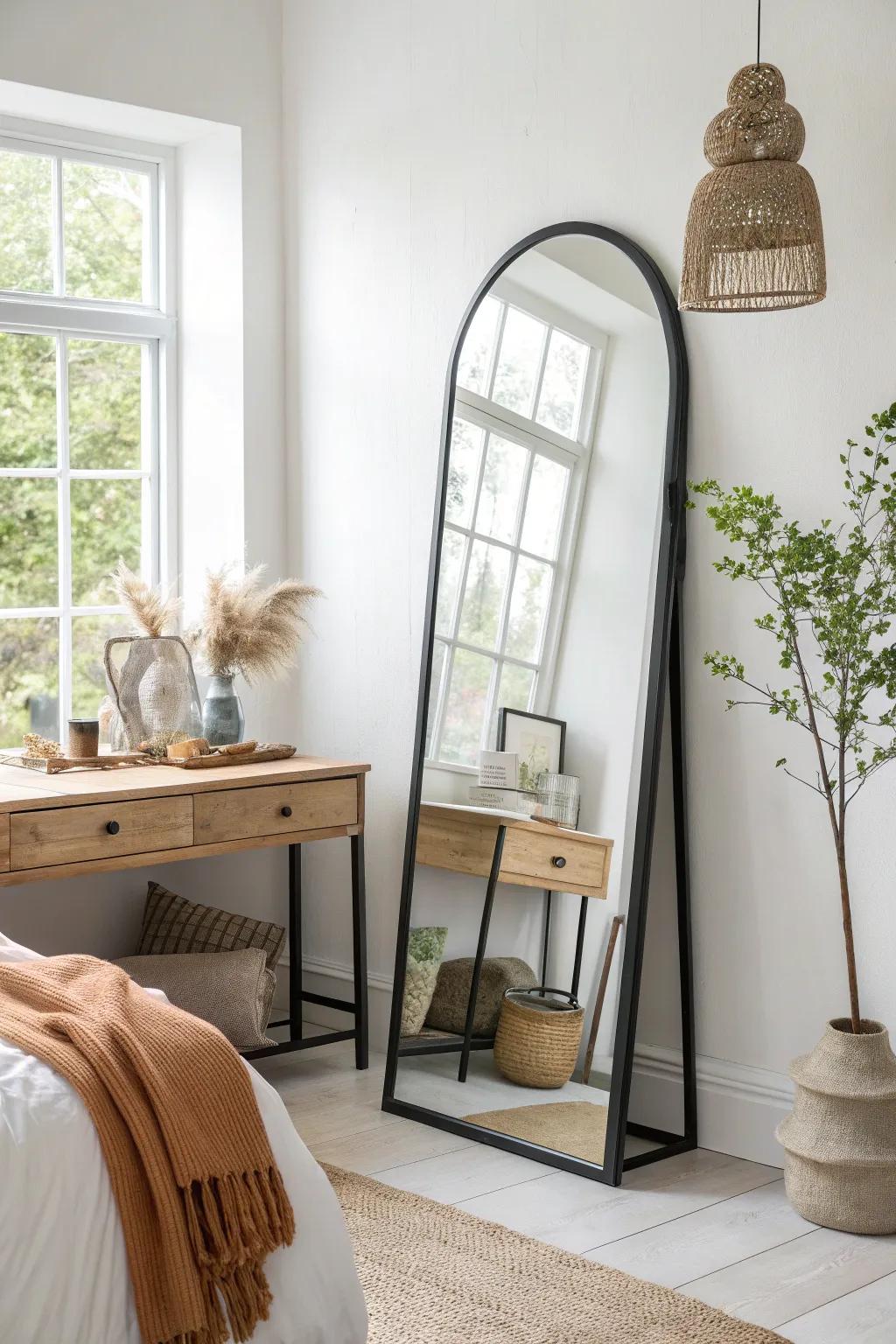 A tall arched mirror by the desk bounces daylight, making a queen-bed room feel twice as open.