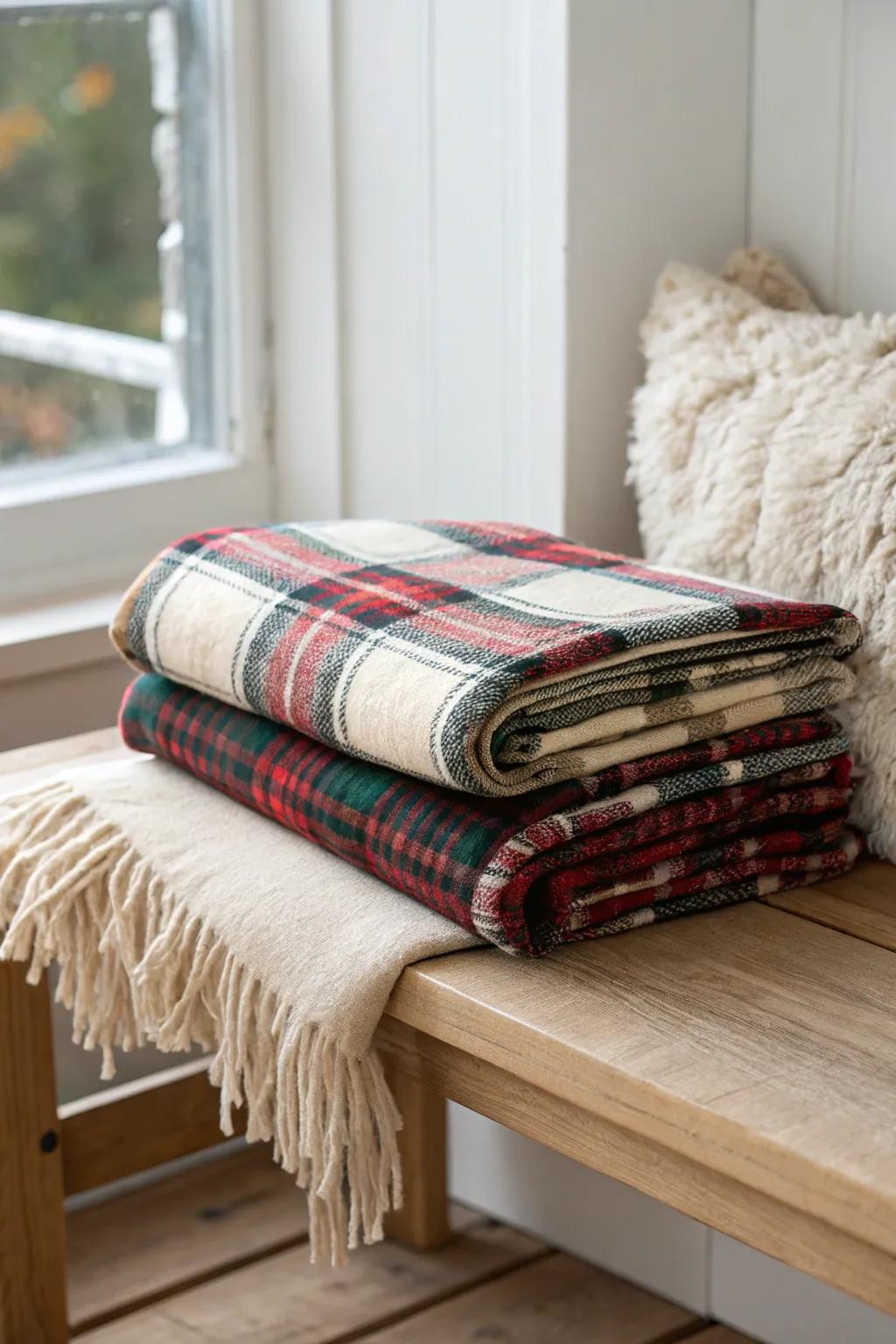 Plaid + chunky knit + faux shearling—instant cozy layers for a small rustic living room.