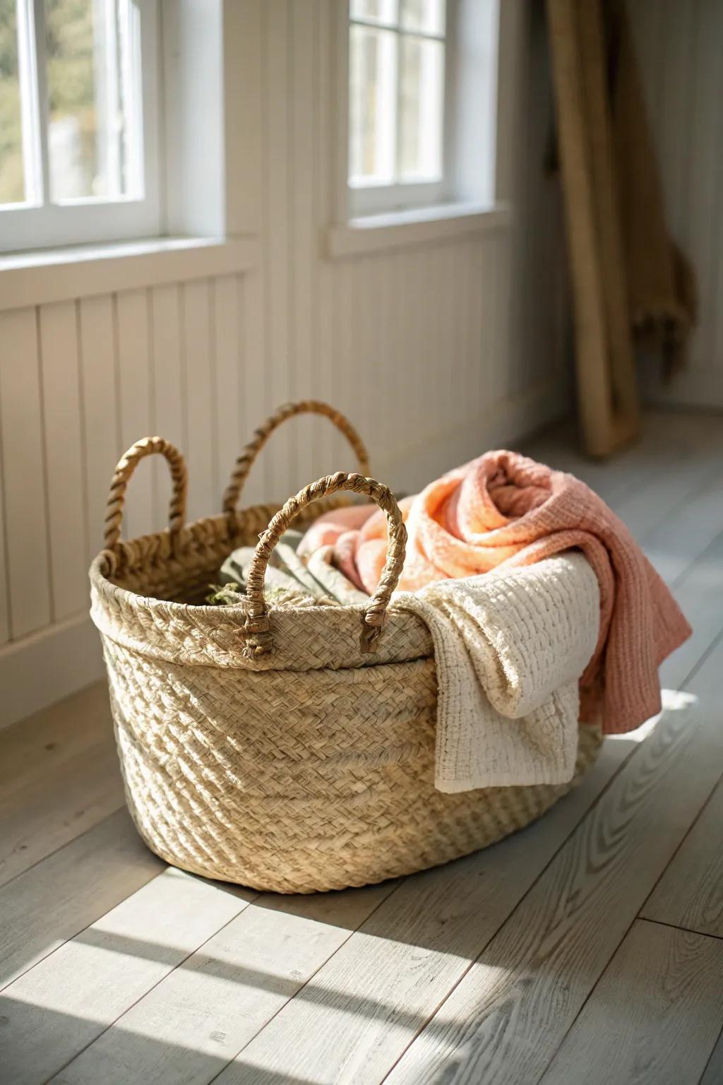 Woven basket storage keeps a small rustic sunroom tidy—warm, simple, and beautiful.