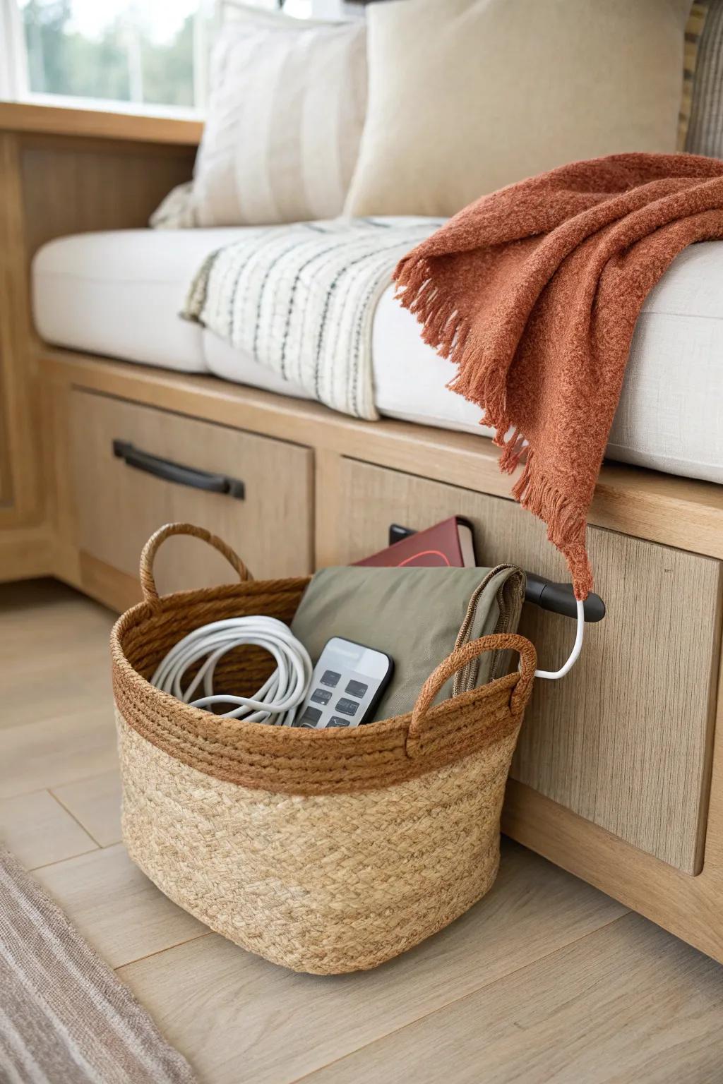 A pretty woven basket under the RV bench hides cables and snacks while keeping the space calm.