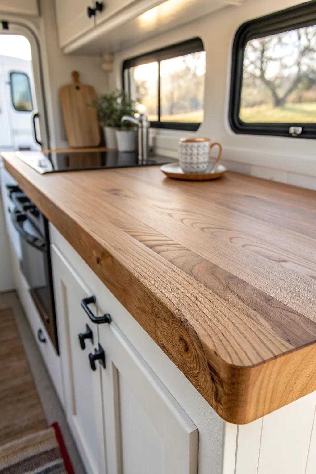 Wood-look counters instantly warm up a small RV kitchen—cozy, calm, and clean-lined.