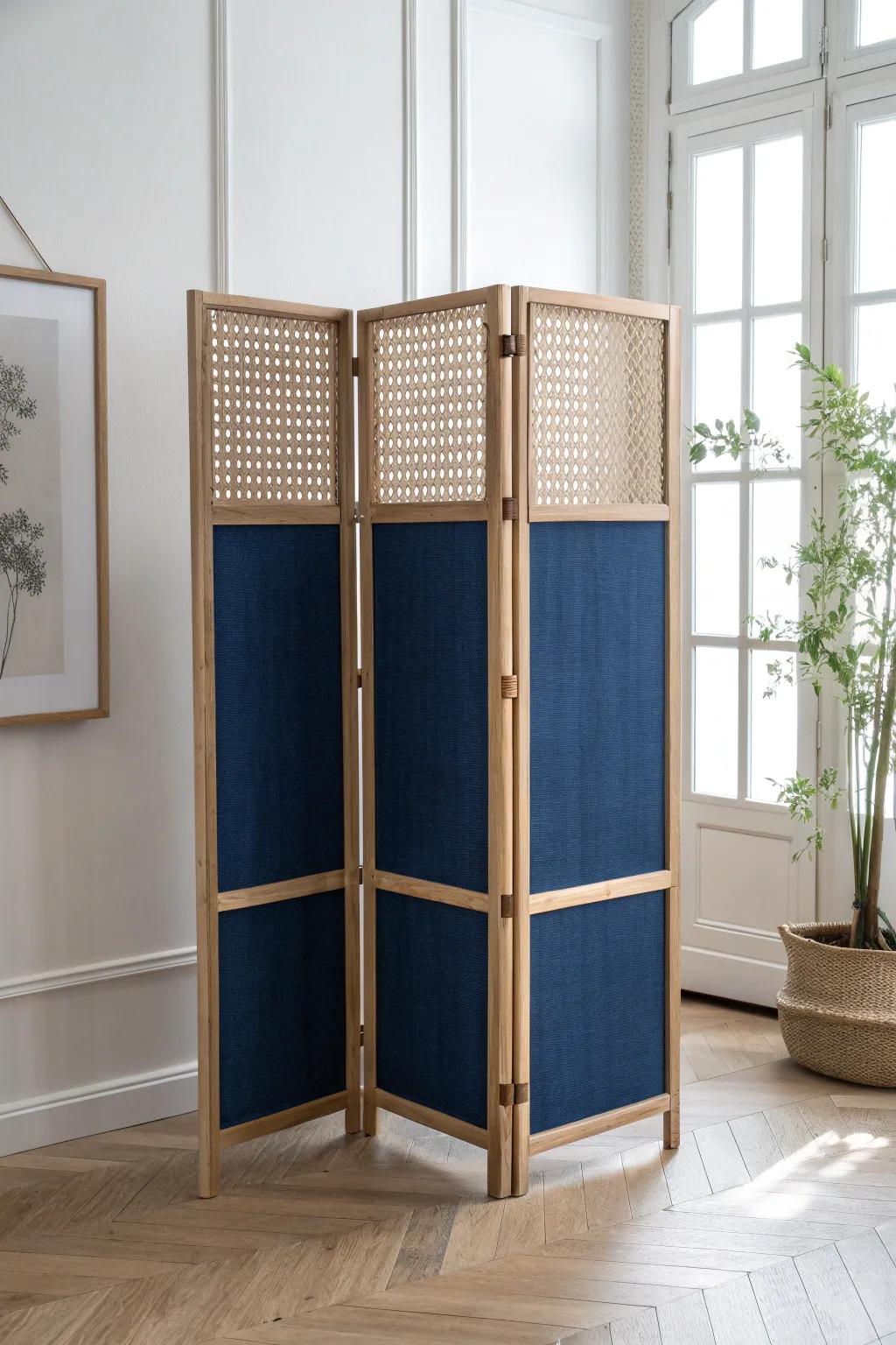 Lightweight woven screen for instant privacy and texture—ideal for zoning a tiny salon.