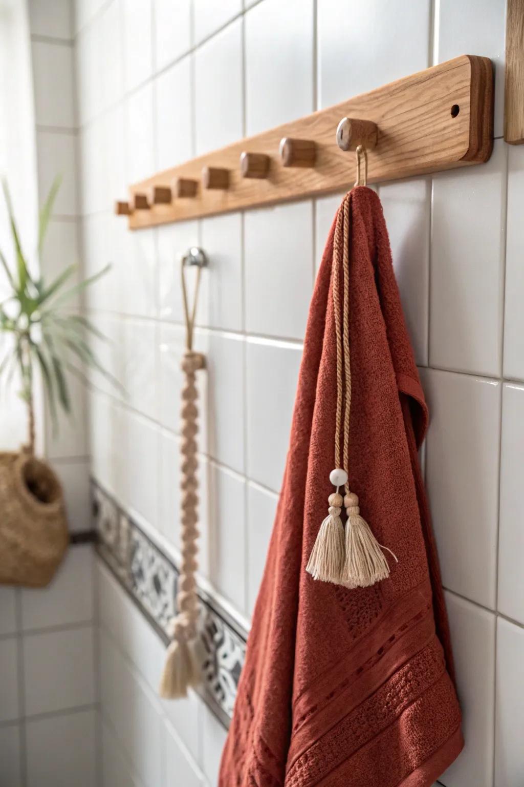 Vertical oak peg rail + terracotta linen towel: the Nordic-calm trick for tiny bathrooms.