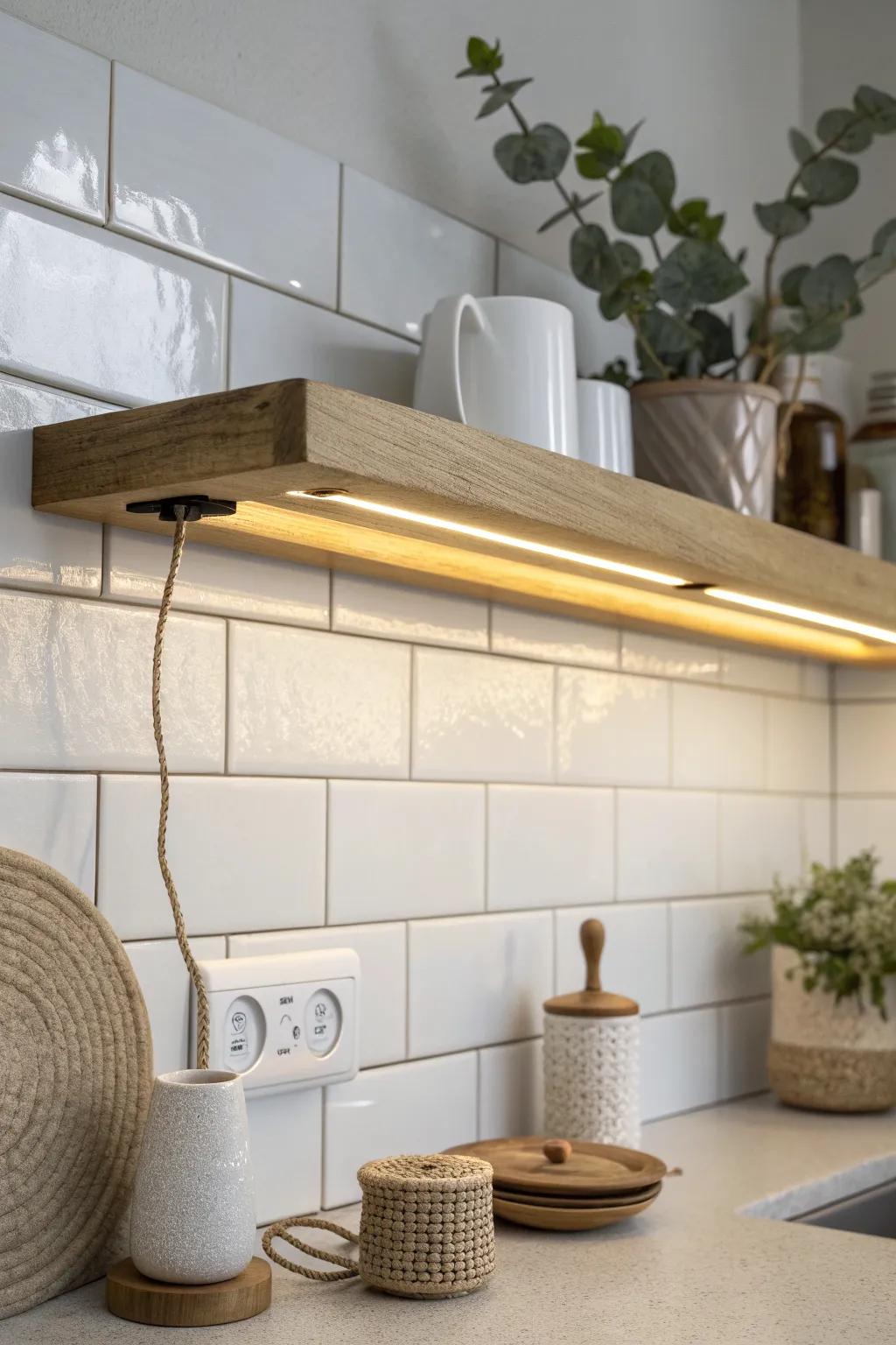 Bright under-shelf lighting turns a tiny scullery sink zone into a real, usable kitchen.
