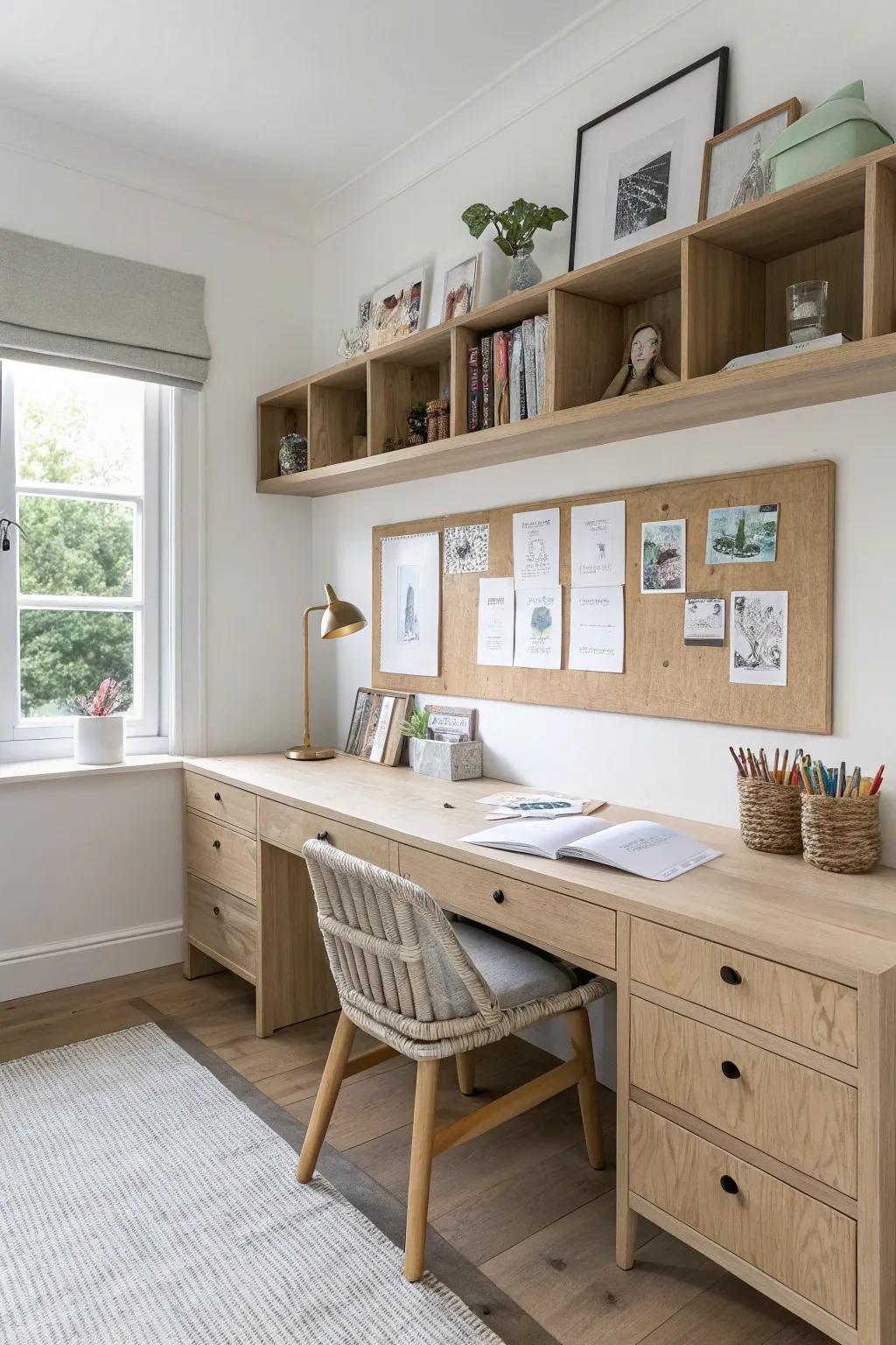 One long desk, two defined homework zones—pinboards above each seat keep peace in a small room.