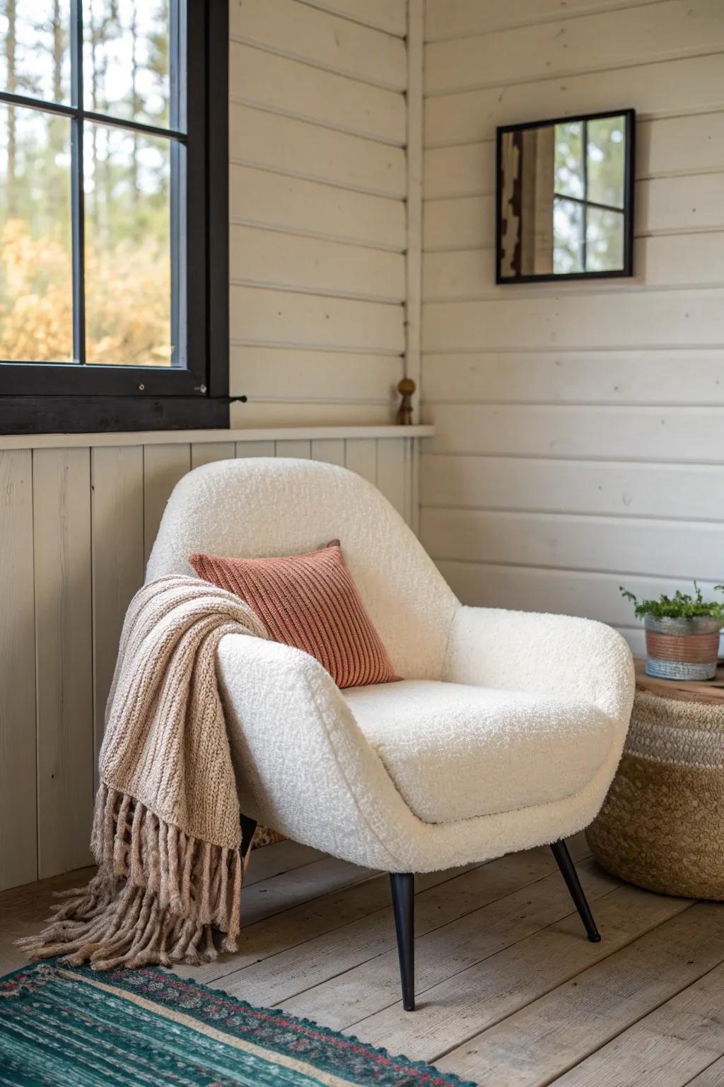 A cozy mini break nook: one beautiful chair turns your shed office into a retreat.
