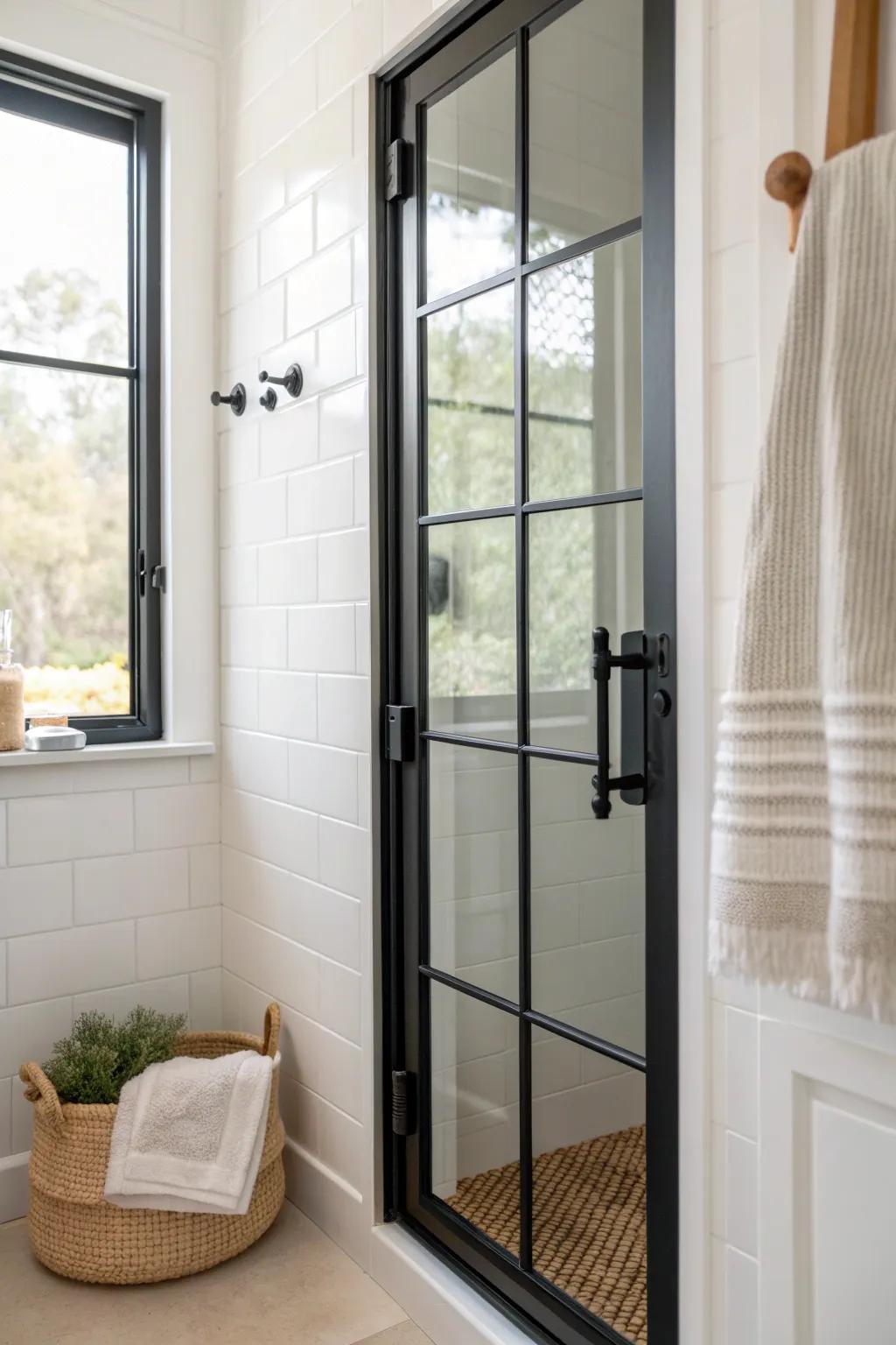 Slim black-trim shower door hardware adds bold contrast and a crisp designer look in tiny baths.
