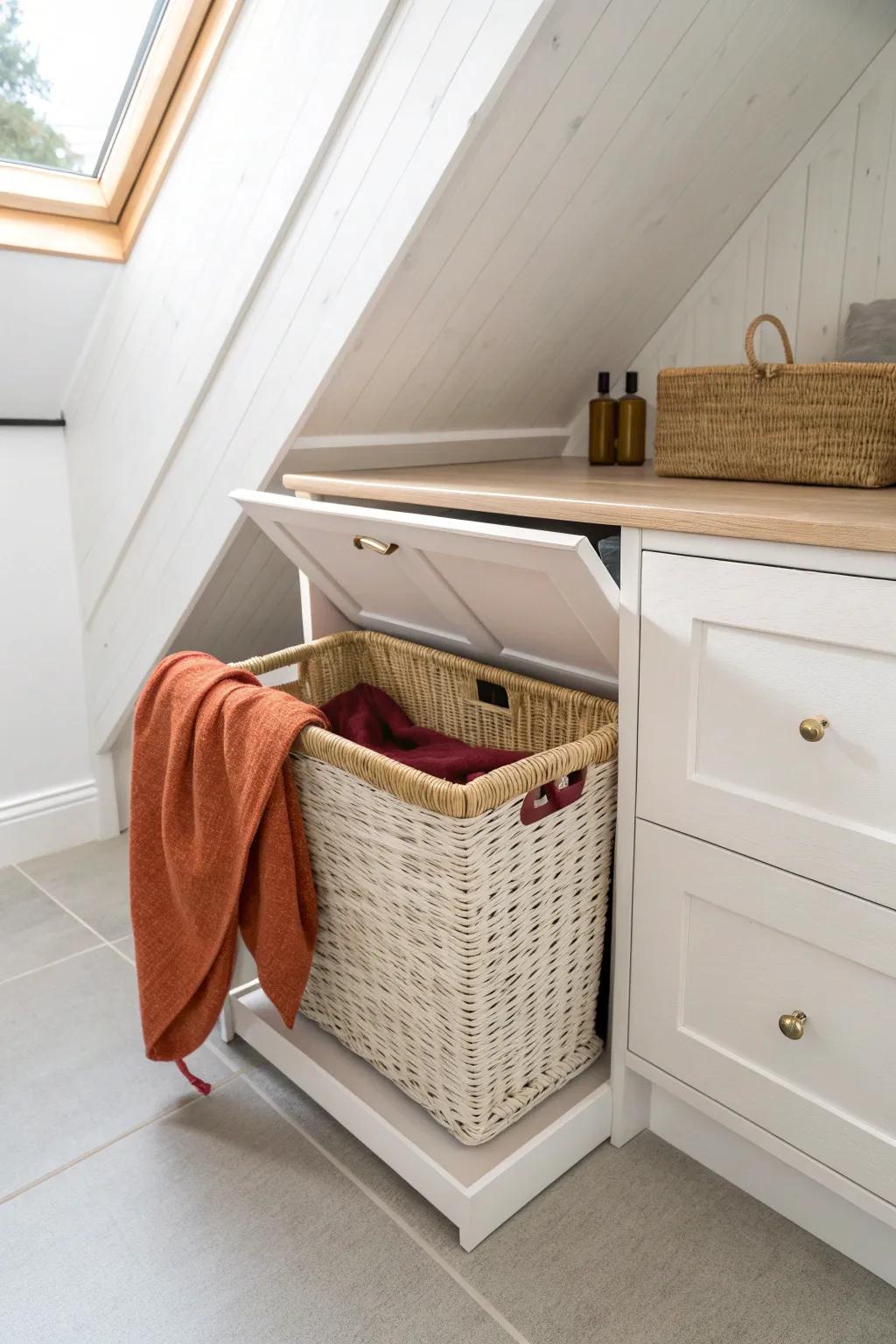 A sleek pull-out hamper in the knee wall keeps attic closets tidy and the walkway clear.