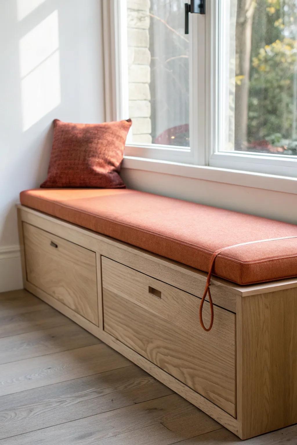 Light oak window bench with hidden storage—cozy reading perch and clutter-free spare room.