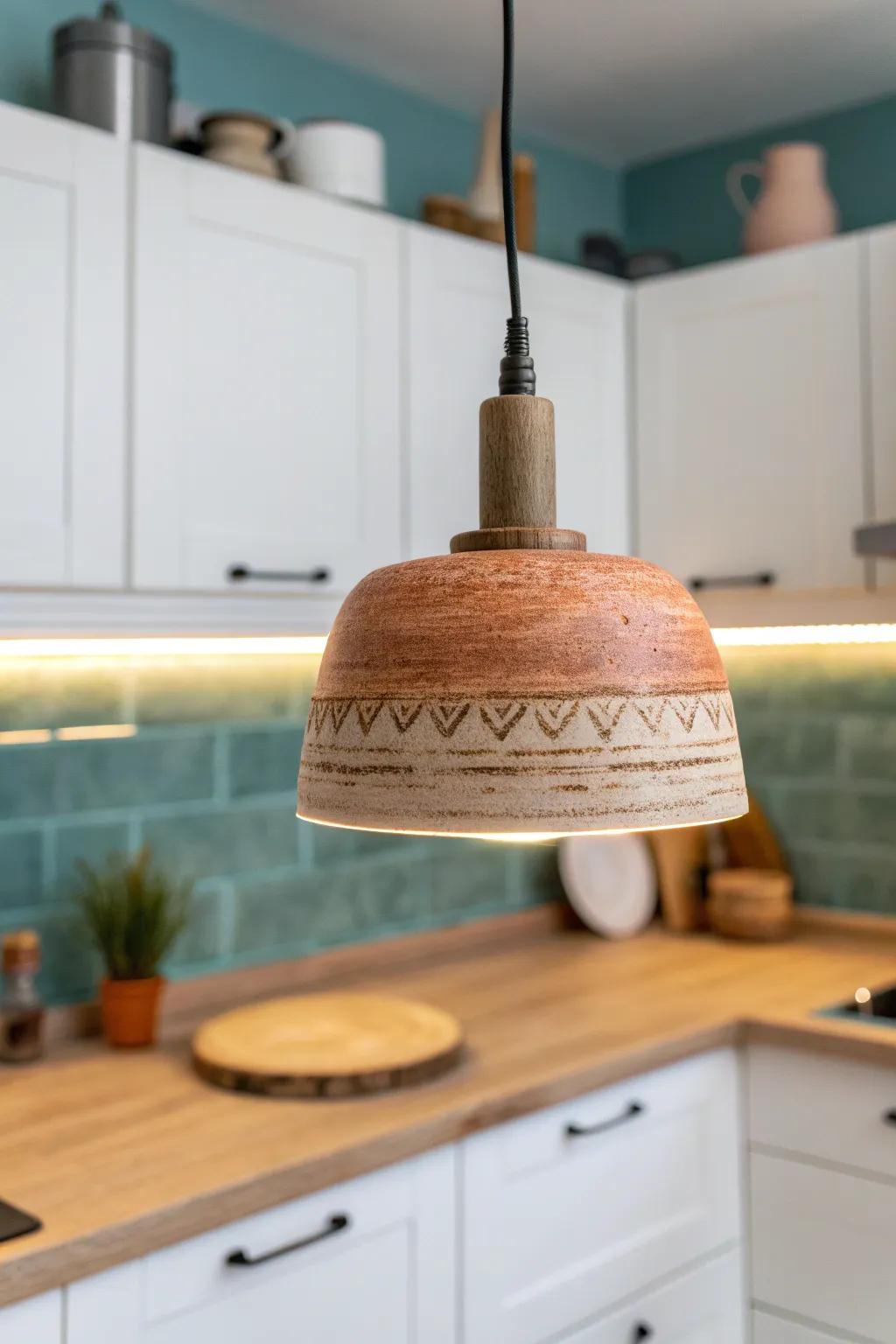 Layer pendant light with under-cabinet LEDs to make a small square kitchen feel brighter.