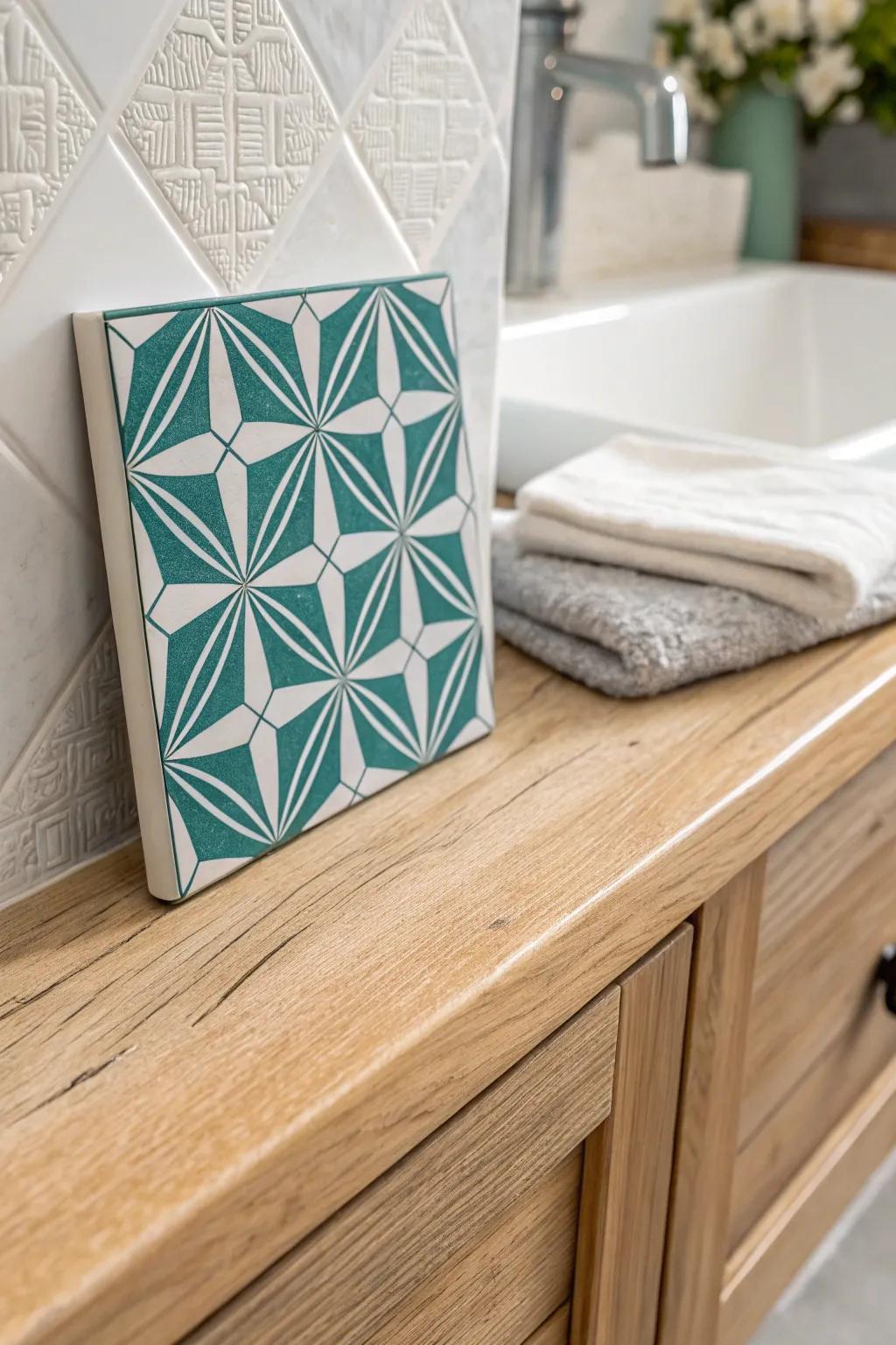 Teal-and-white patterned tiles add instant designer style—especially with simple white walls.