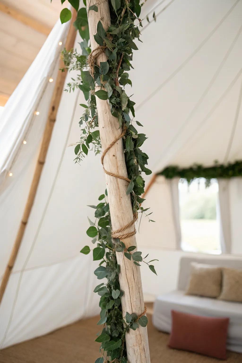 Faux eucalyptus garland turns a simple indoor tent into a dreamy little garden nook—zero upkeep.