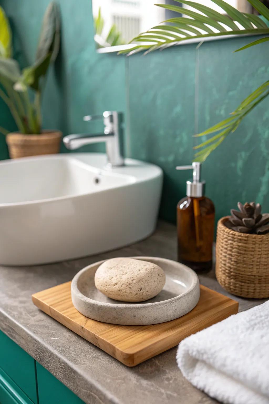 A sculpted stone soap dish adds grounded, tropical texture—perfect for a tiny bathroom.