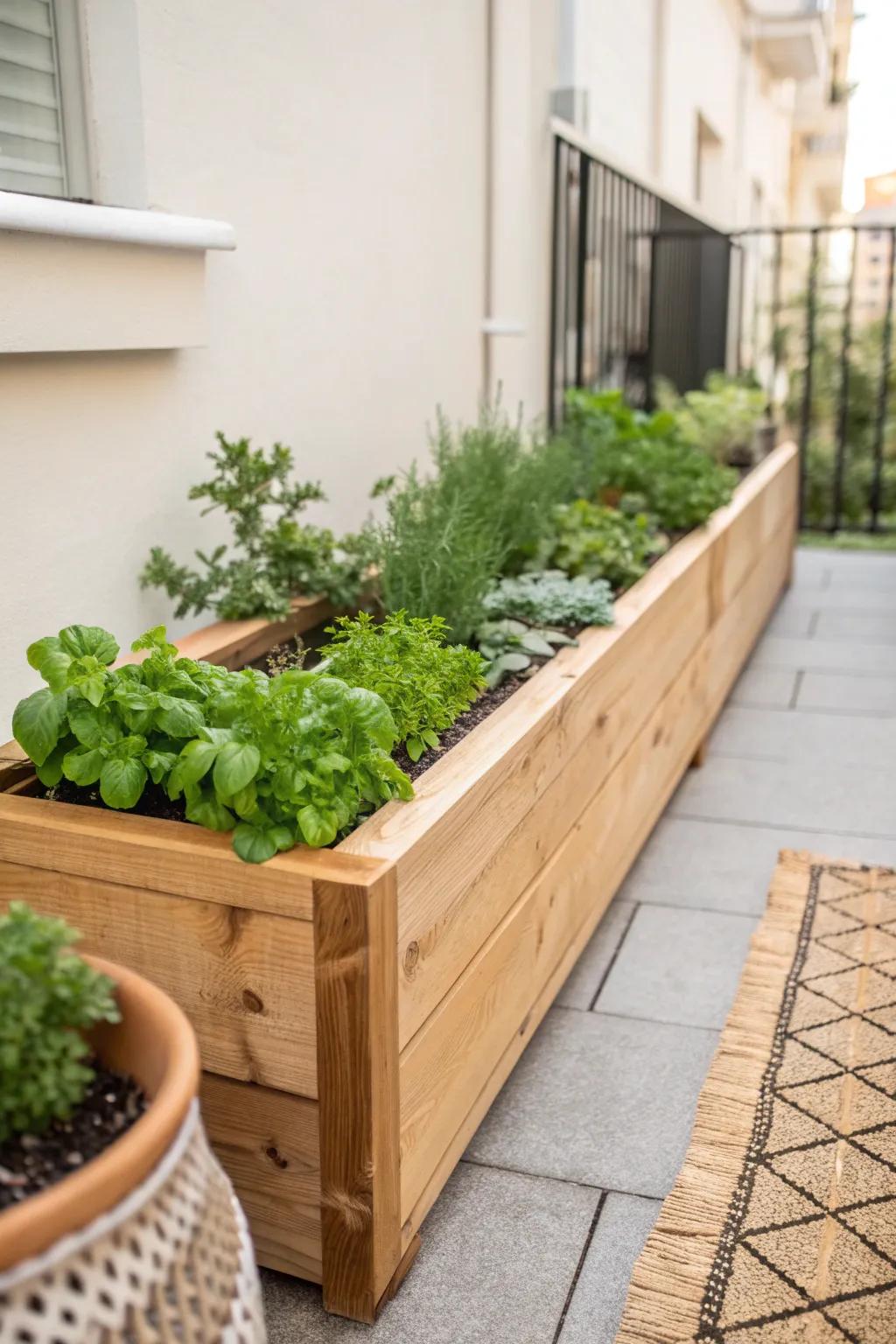 A slim raised bed turns a tiny urban patio into a clean, thriving mini edible garden.