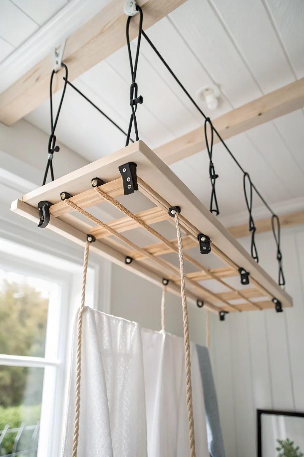 A ceiling-mounted drying rack adds drying space up high—no clutter, perfect for small utility rooms.