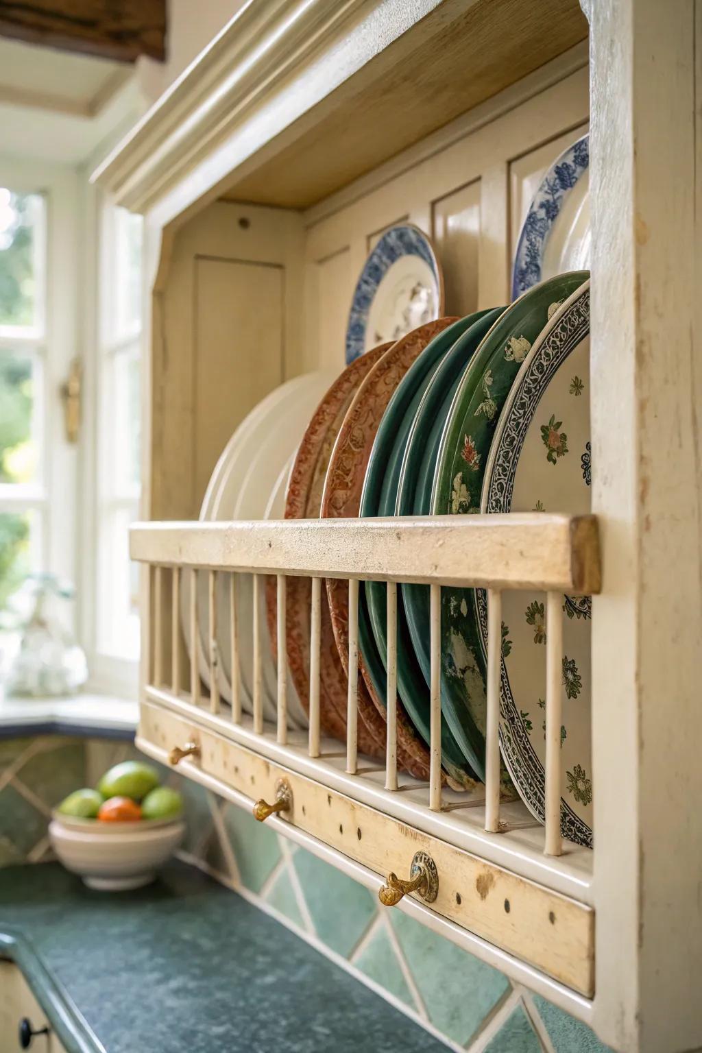 A vintage-inspired plate rack keeps a small Victorian kitchen airy, tidy, and beautiful.