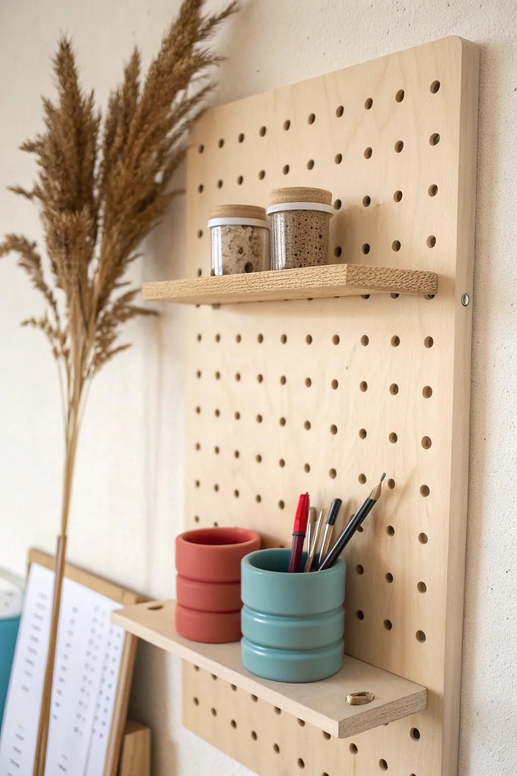 A pretty birch pegboard with mini shelves and chic containers—small-space wall decor done right.