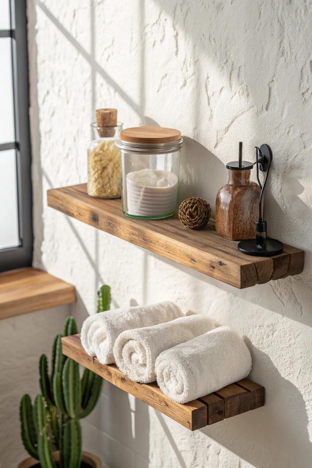Reclaimed-look floating shelf brings warm western charm—storage without stealing an inch.