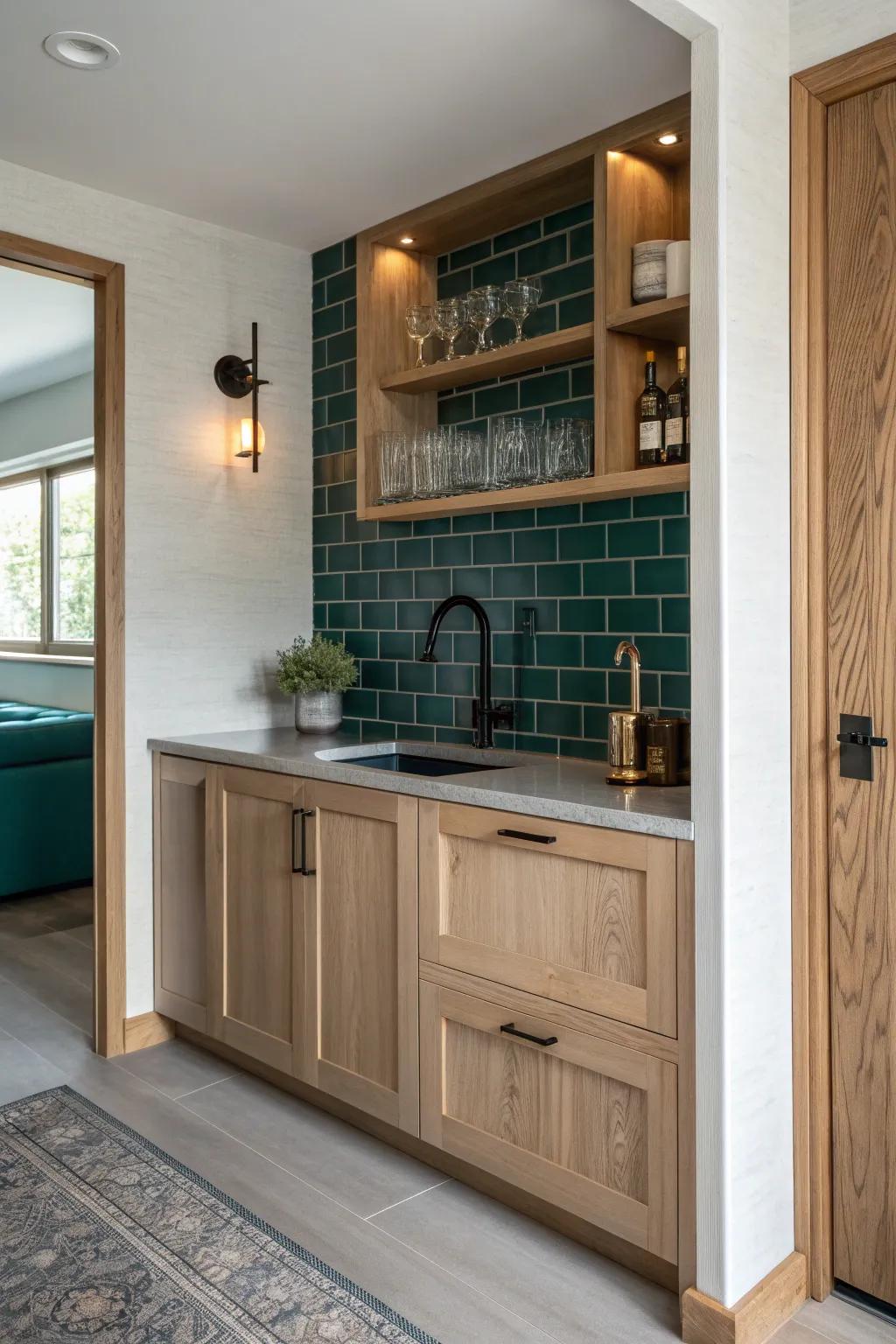 A skinny hallway cut-in wet bar with a compact sink—small-space luxury without blocking flow.