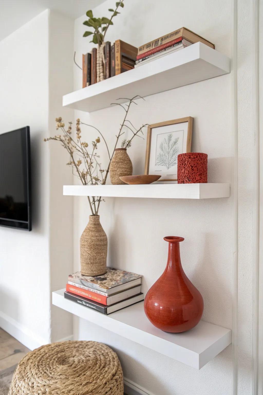 White floating shelves add airy storage—styled with one vase, books, and plenty of space.