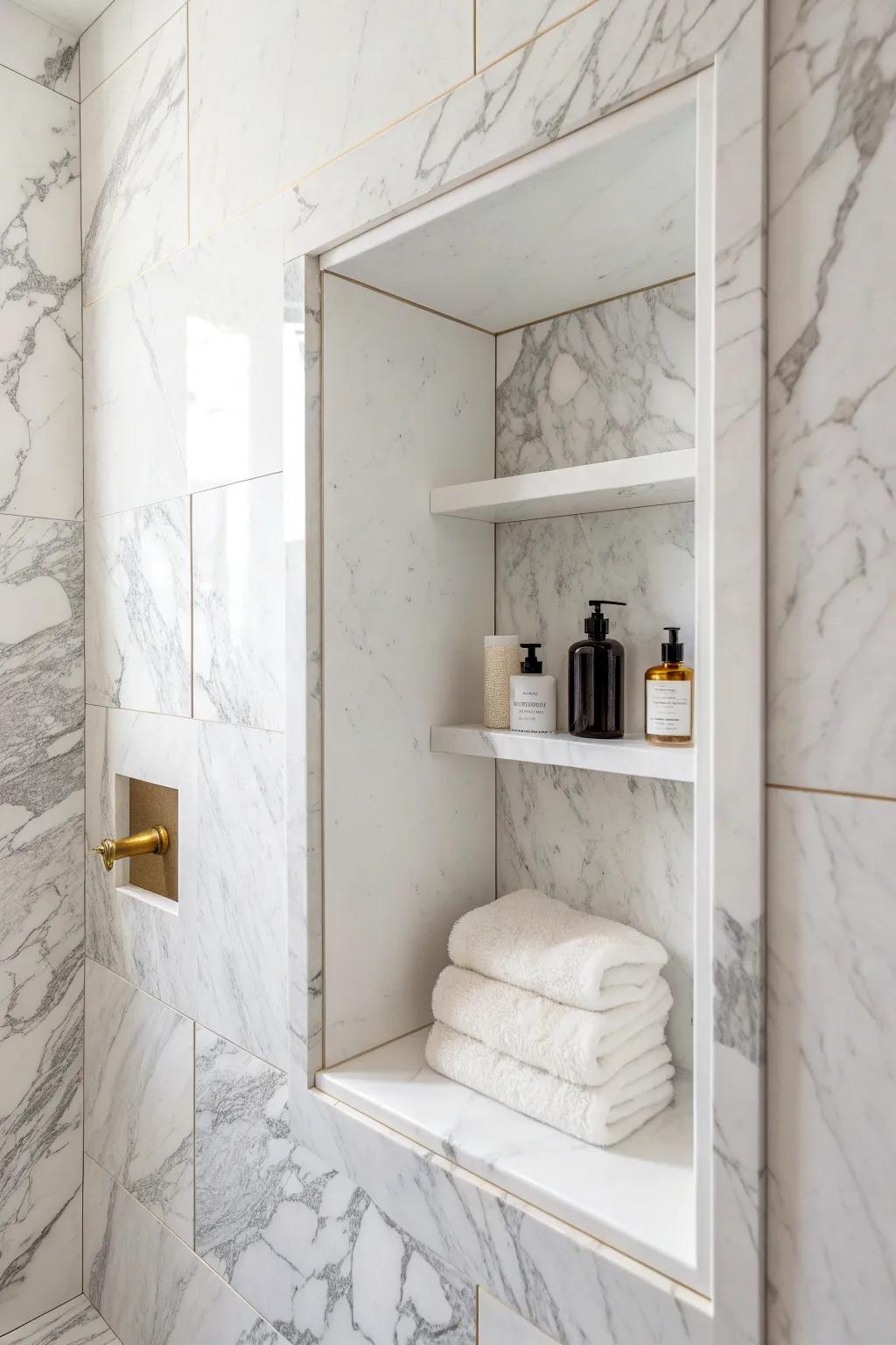 A seamless white marble shower niche keeps small showers sleek—no caddies, just clean lines.