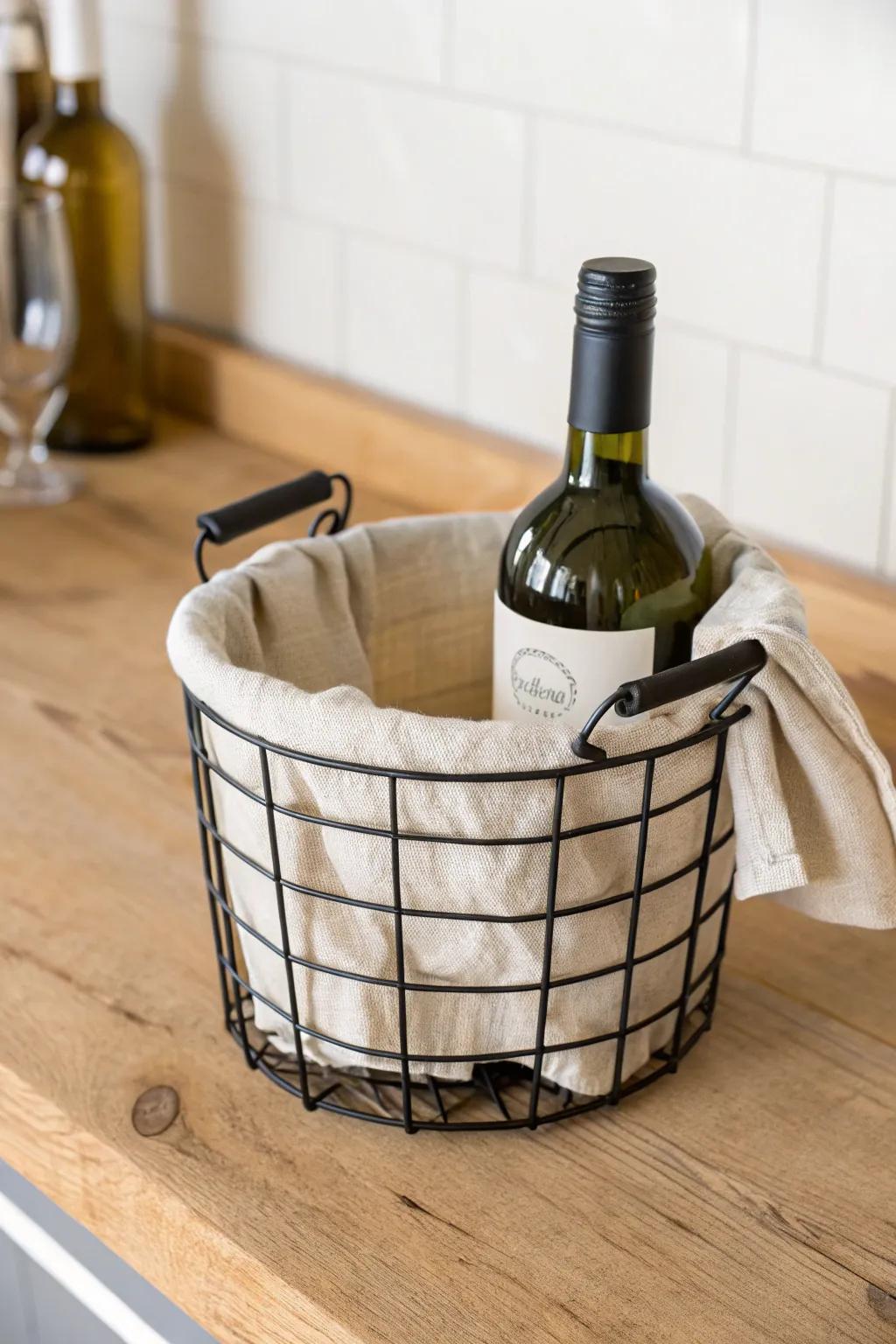 Airy matte-black wire basket with linen liner—modern, light, and perfect for tiny kitchens.