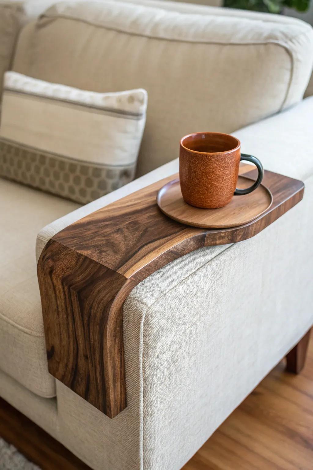 Curved live-edge armrest slab: a stylish, stable mug spot for cozy movie nights.