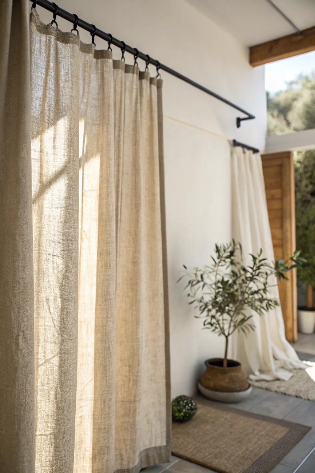 A simple linen curtain divider adds instant privacy to your small yoga space—then vanishes.