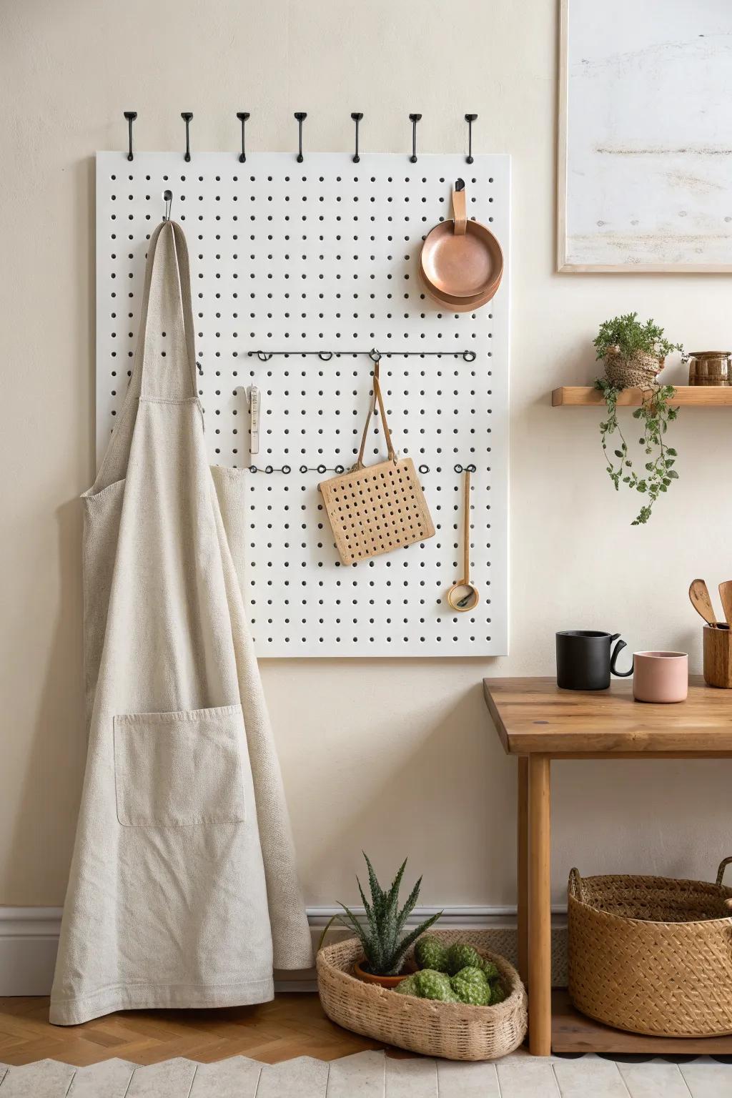 A pegboard wall keeps a tiny kitchen calm—stylish storage for mugs, tools, and pans.