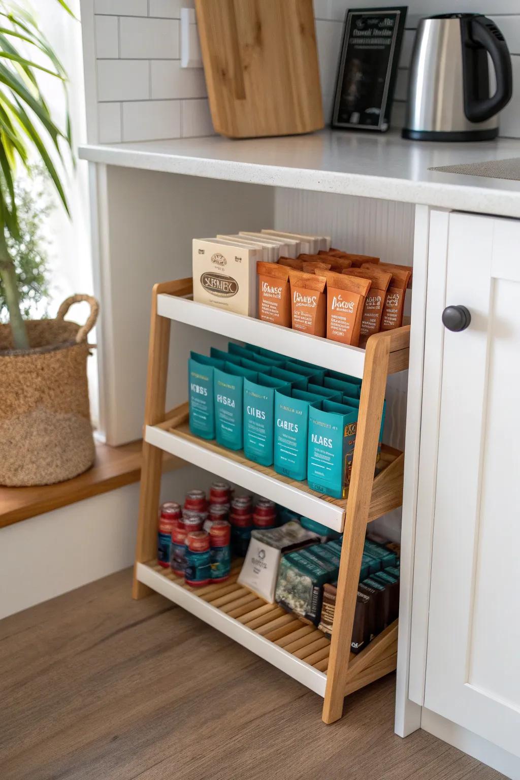 A tiered riser keeps every snack in view—no more forgotten bars hiding in the back.