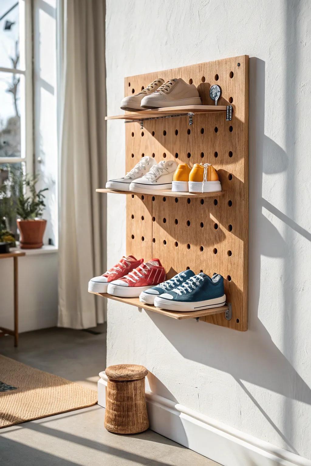 A renter-friendly pegboard sneaker wall with adjustable ledges—curated, compact, and chic.
