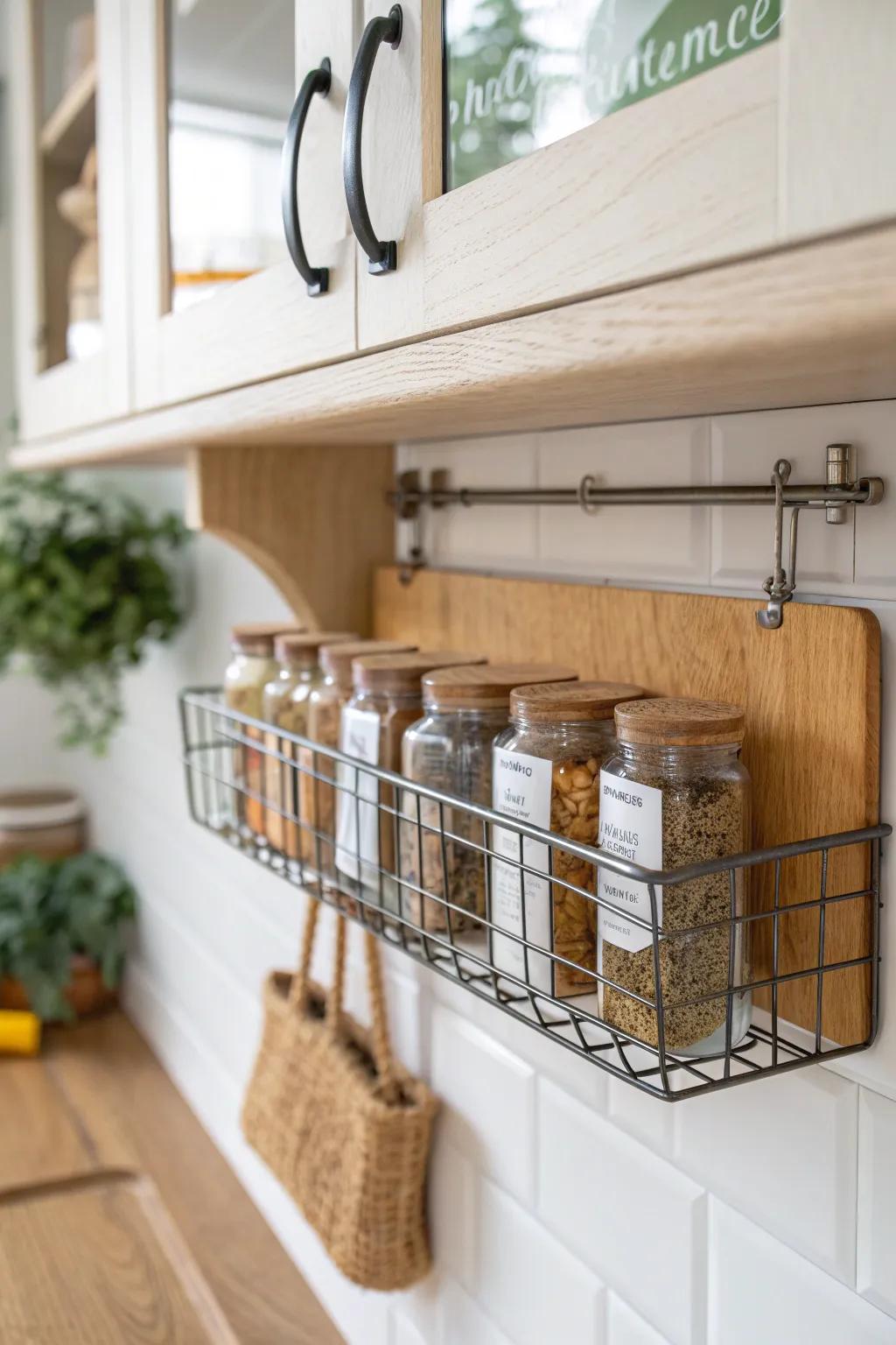 Clip-on under-shelf spice basket adds instant storage—perfect for packets and tiny jars.