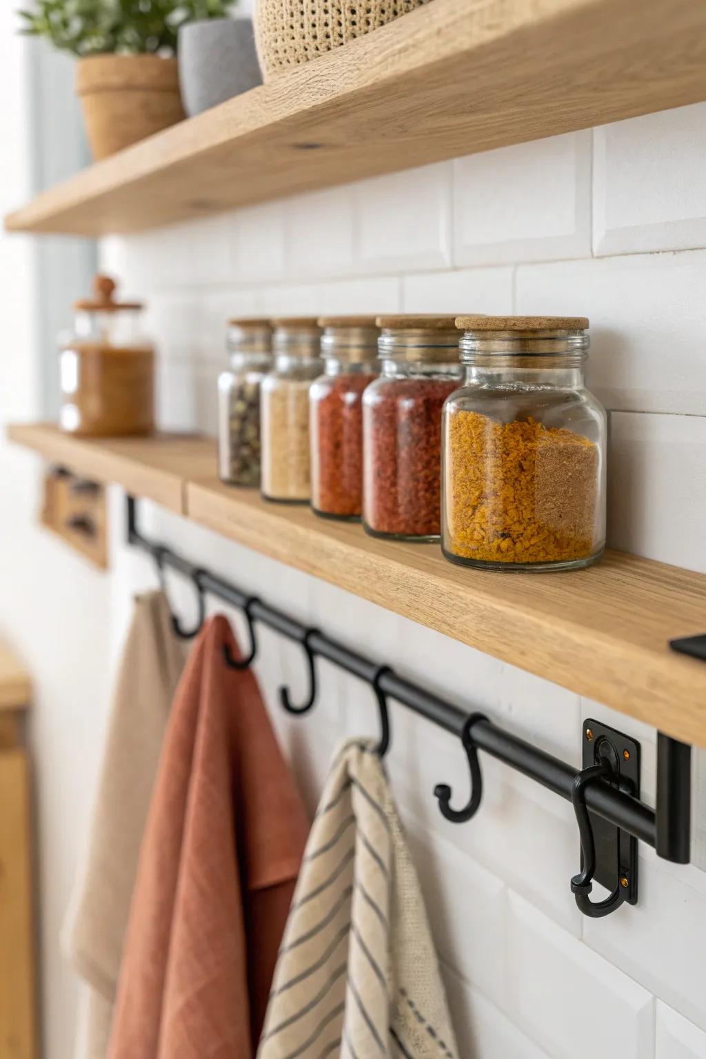 Create a new storage zone: under-shelf spice clips keep your most-used jars front and center.