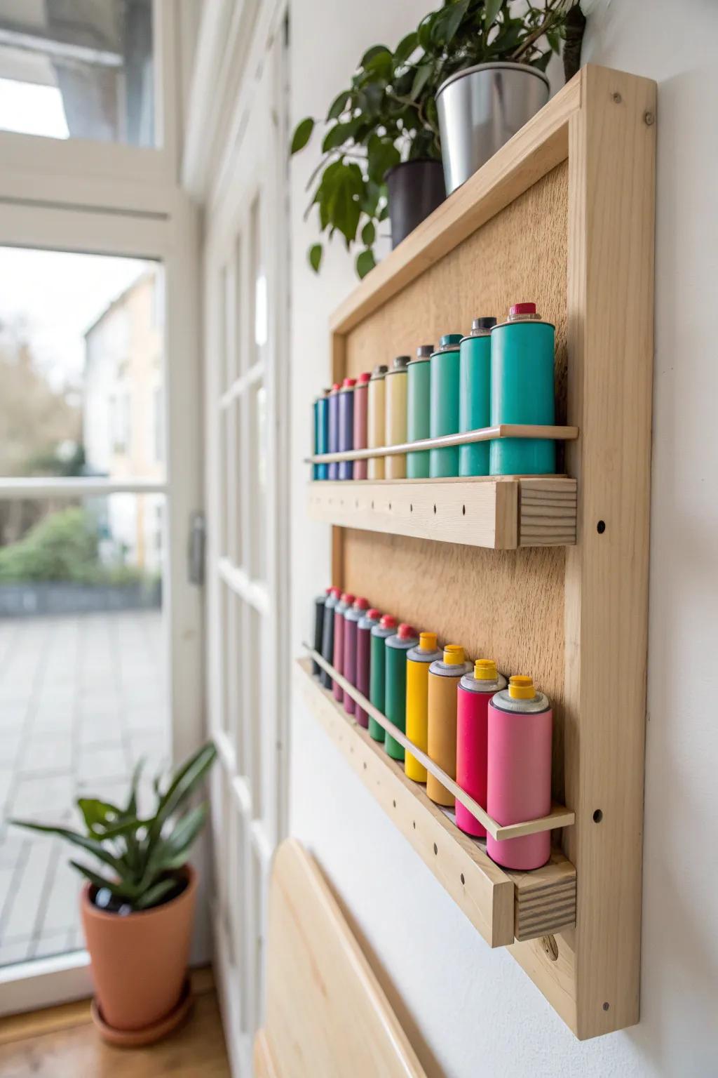 Modular French cleat spray paint rack—rearrangeable, colorful, and perfect for small spaces.