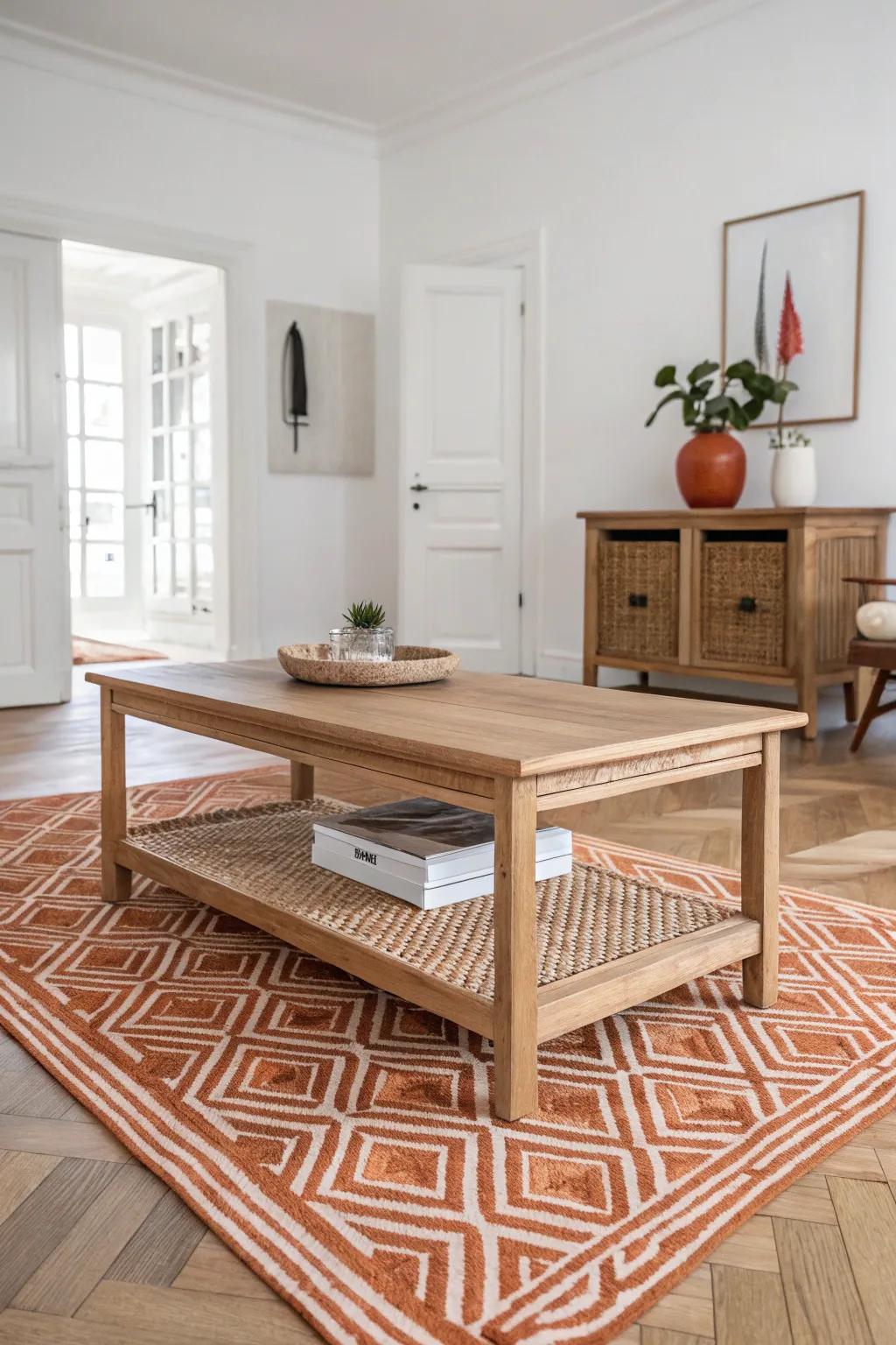 Turn your rug and coffee table on a gentle diagonal to stop a doorway-heavy room feeling like a hall.