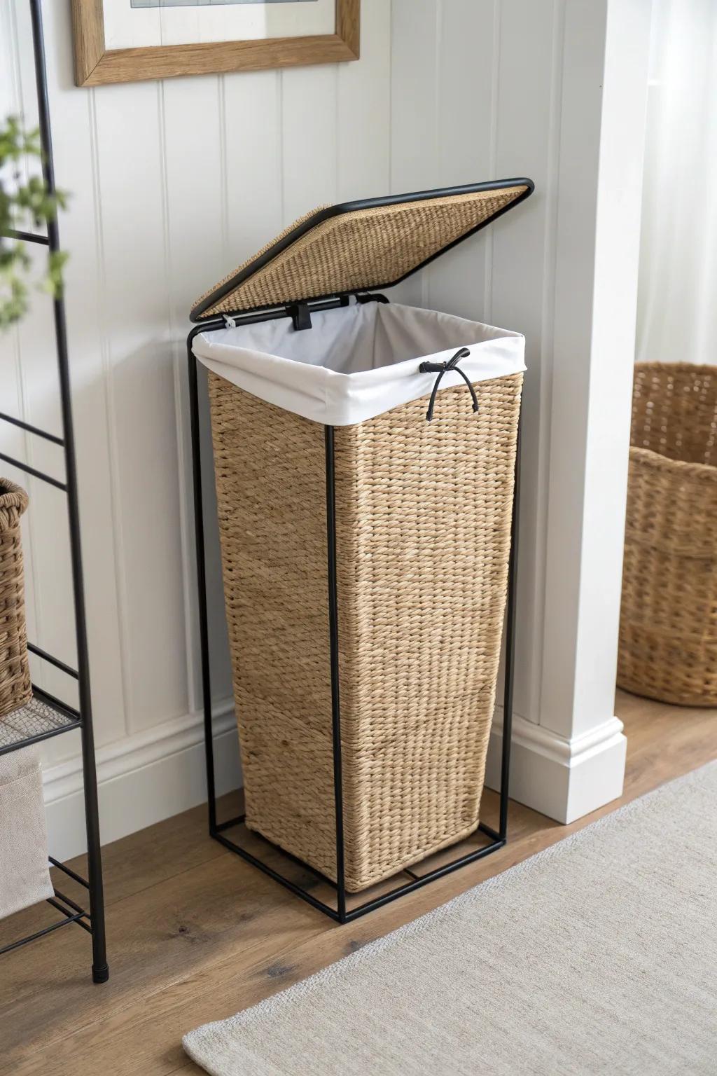 Tall, slim laundry bin that tucks into a corner—and still looks intentional and stylish.