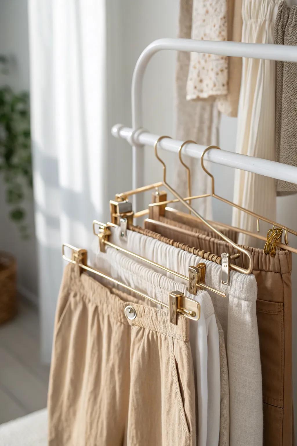 Go vertical: a tiered hanger stores multiple skirts and pants in the space of one.