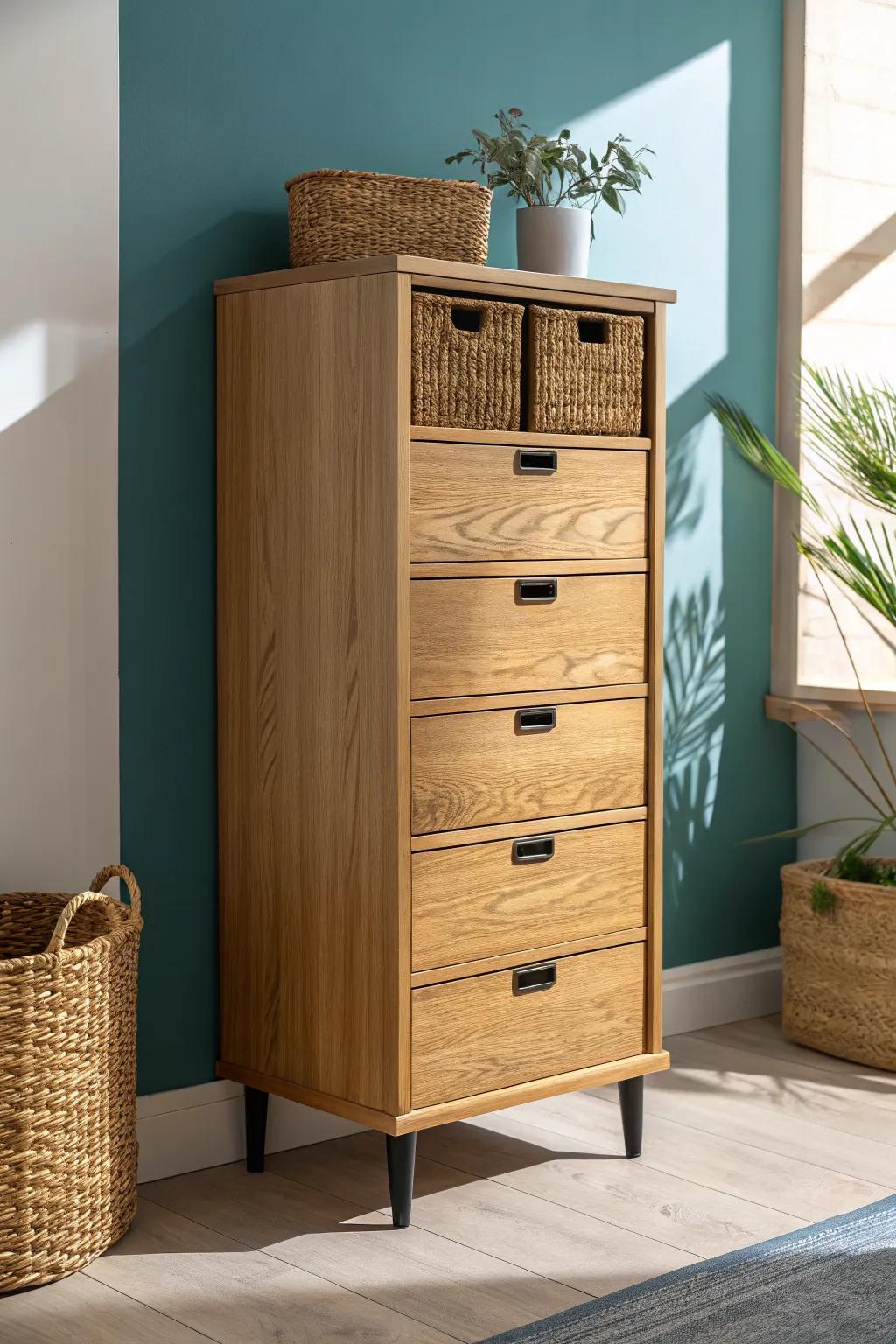 Tall closed dresser + bins up top: vertical storage that keeps a studio calm and clutter-free.