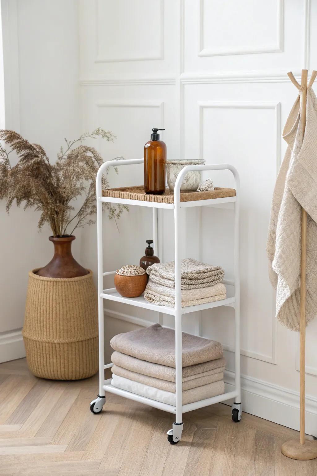 A chic rolling cart that glides from pantry to bar to skincare—small-space storage made easy.