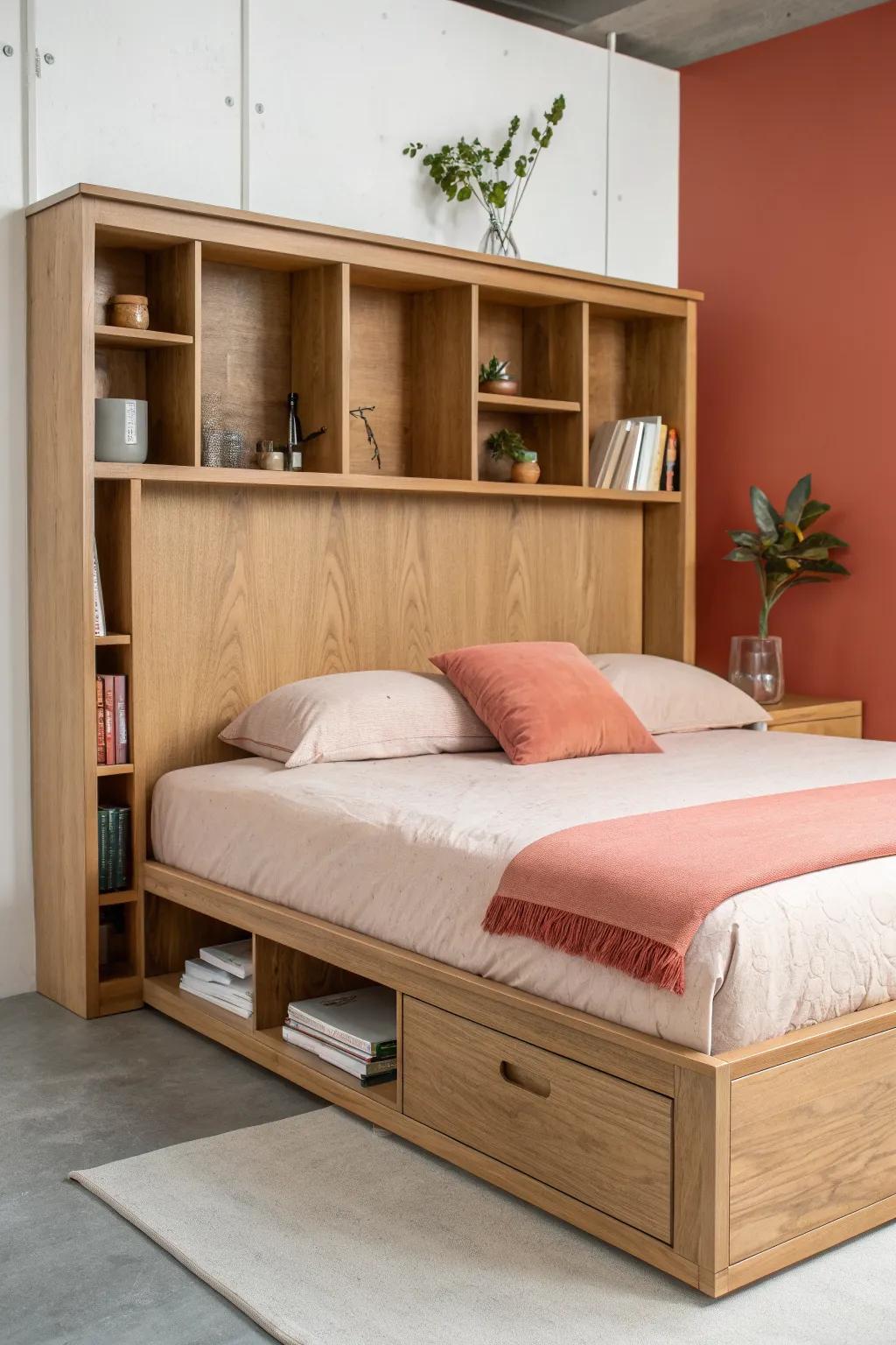 Storage headboard wall = a tidy studio bed: books, chargers, and essentials styled and hidden.