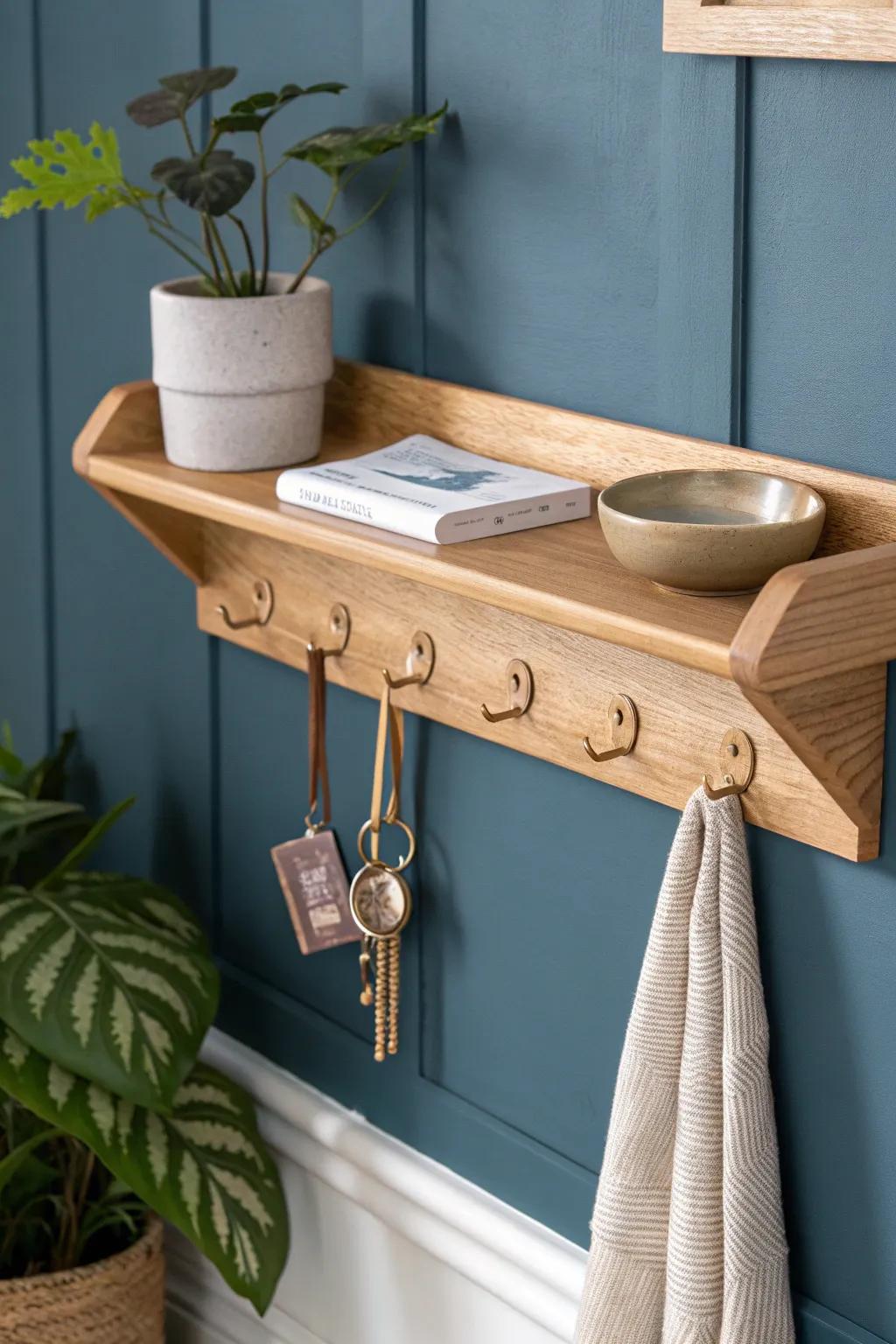 A tiny drop zone shelf with hooks and tray—studio entry styling that stays calm, not chaotic.