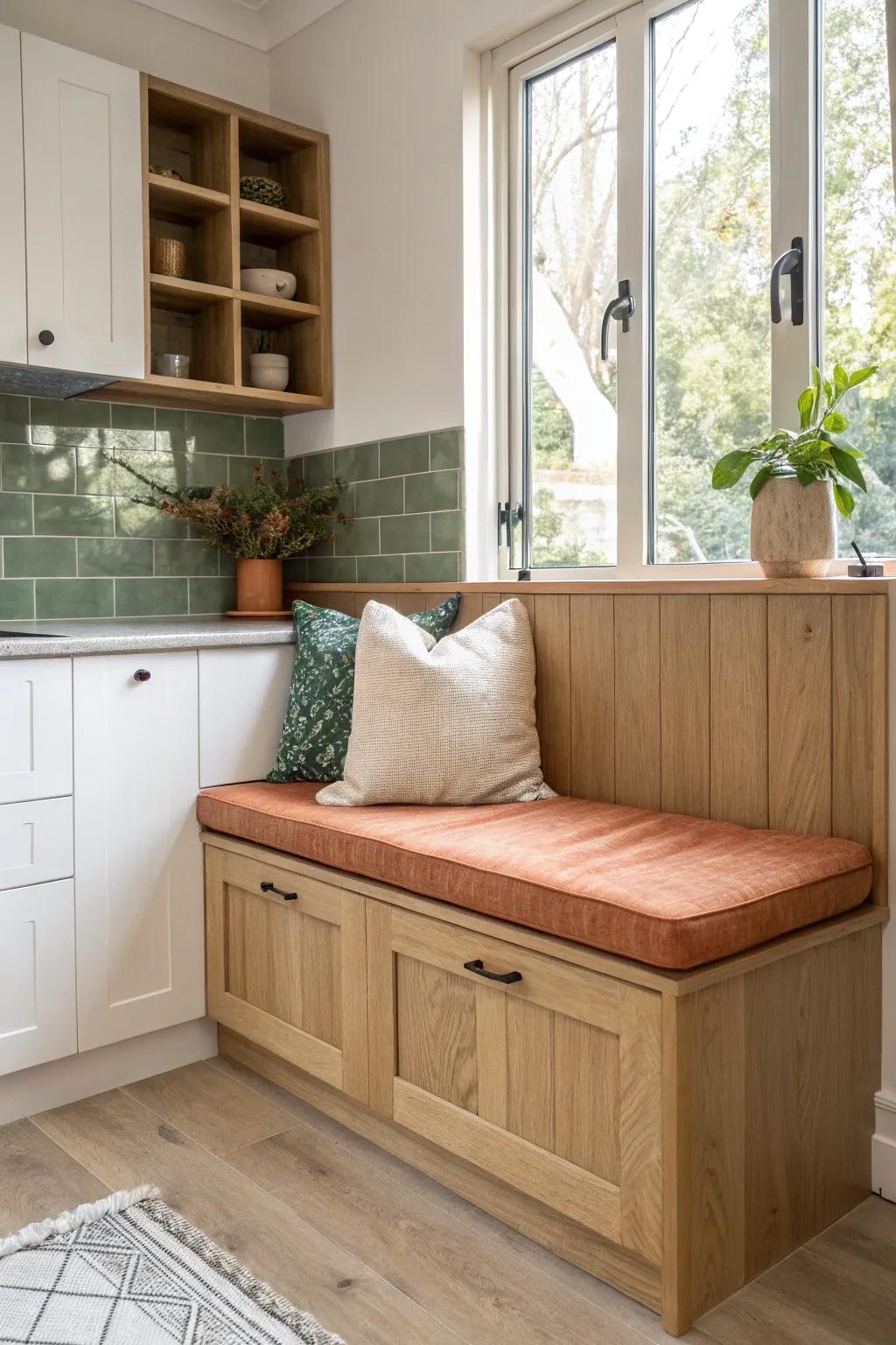 A tiny banquette nook that hides appliances and pantry extras—studio kitchen storage made chic.