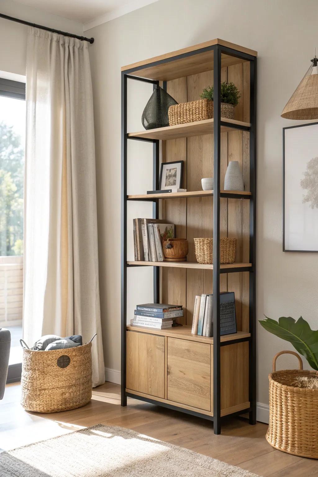 An airy bookcase divider defines a living-room study nook—private, bright, and beautiful.