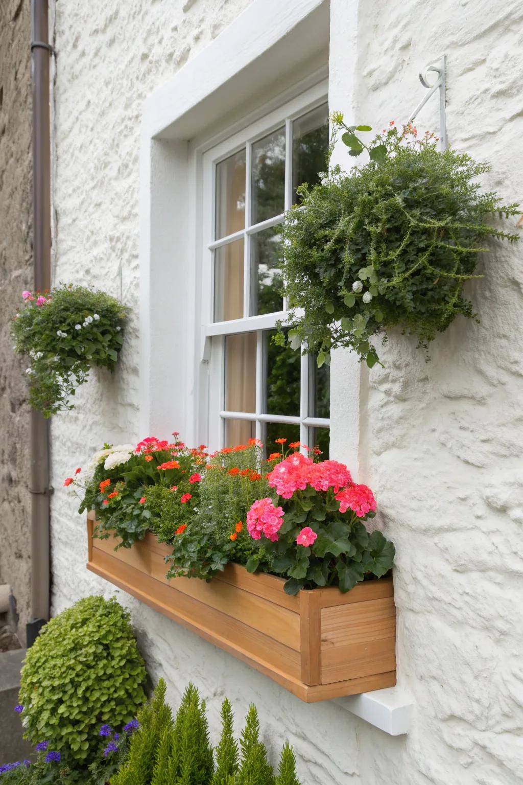 Sculpted boxwood + bright blooms: a tidy, architectural summer window box with modern charm.