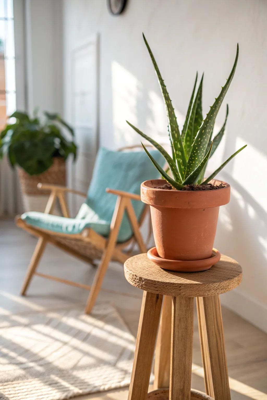 Aloe by the sunroom chair—pretty, practical, and always within reach for soothing gel.