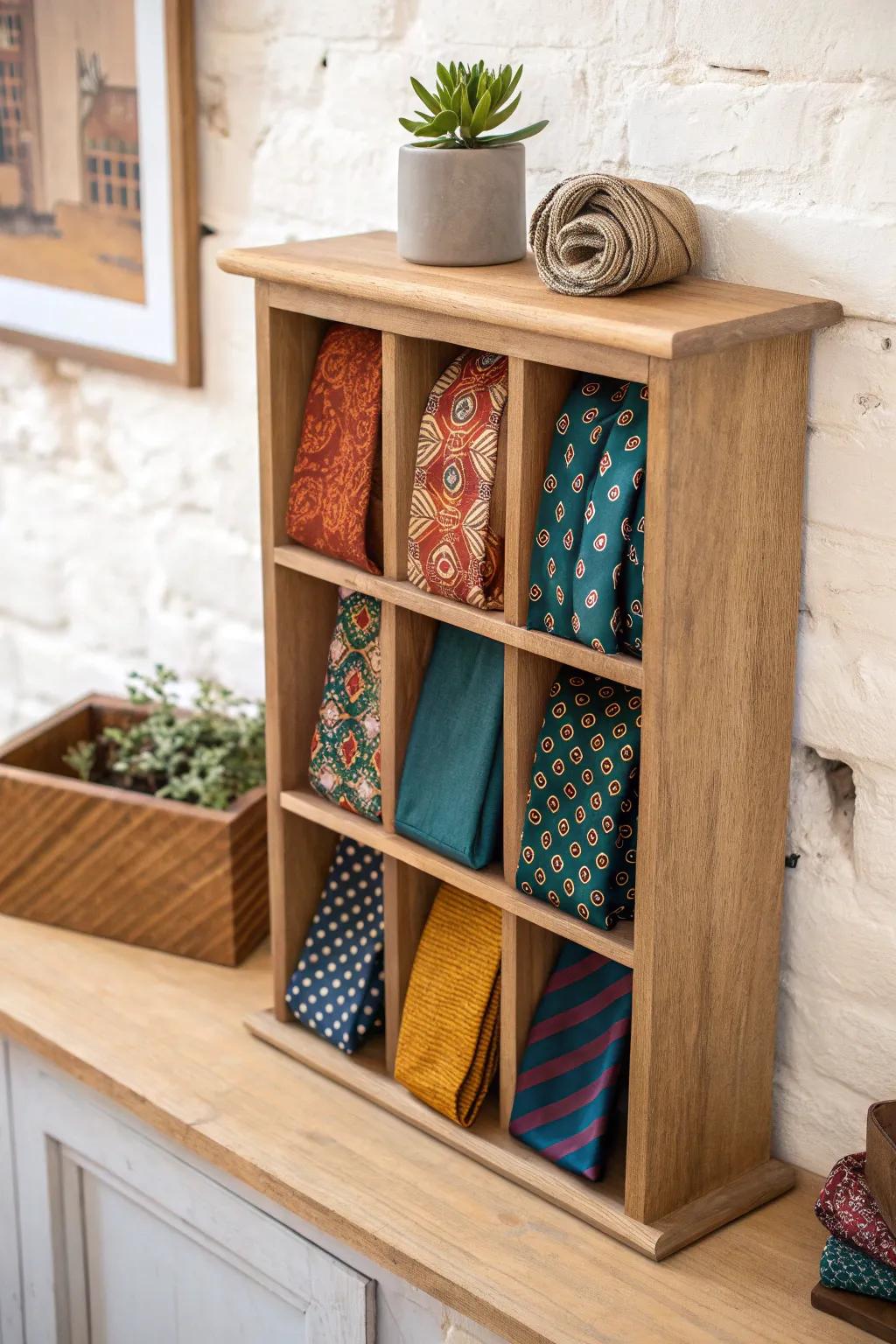 Turn ties into decor: a minimalist oak cubby shelf that displays patterns like a mini boutique.