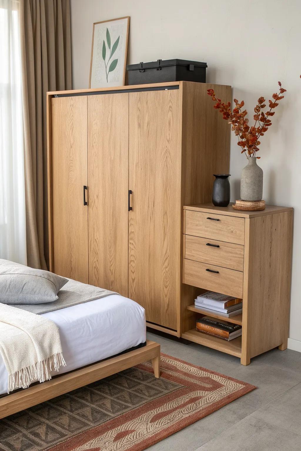 A sleek cabinet fold-out bed that disappears by day—styled like a chic console for tiny homes.